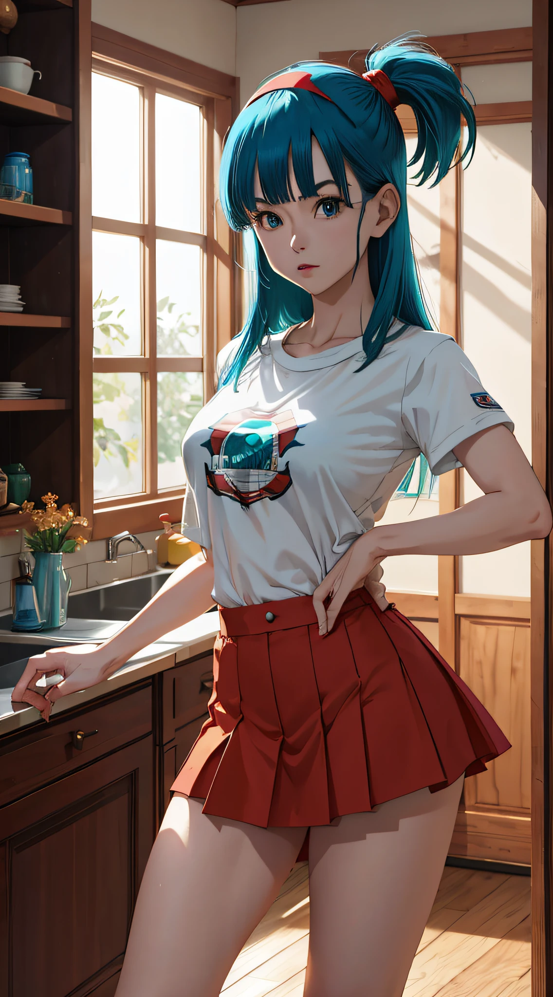 masterpiece, best quality, highres, dragon ball, blmmid, aqua hair, medium hair, blunt bangs, red hairband, medium breasts, shirt, skirt, cowboy shot, indoors, standing,