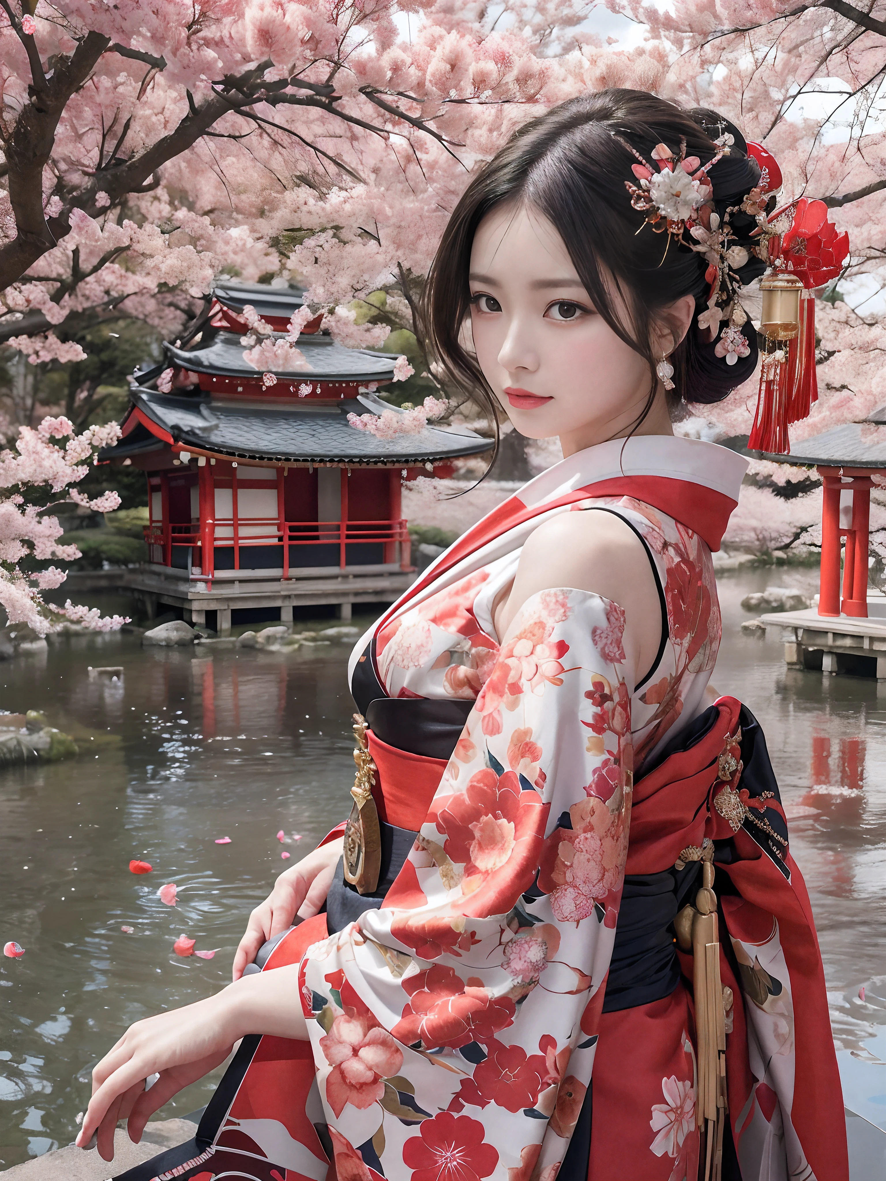 In a futuristic scene, Geisha in Japan with mechanical reinforcement、Elegant in elaborate gardens. She has beautifully detailed eyes and lips that complement her face. Geishas wear traditional kimonos with intricate patterns and designs. Around her are bright cherry trees and a quiet carp pond. The scene is painted with a blend of illustration and photorealism, Ultra-detailed brush strokes and clarity, Vivid colors. Lighting emphasizes the elegant features of the geisha, Gives her porcelain skin a soft glow. Artwork is of the highest quality, 4K or 8K resolution, Showcase the intricate details of geisha attire, cherry trees, And the shimmering scales of carp. The overall color scheme is、It is a combination of traditional shades of Japan, Crimson, etc., blacks, and subtle gold accents, With a futuristic twist. The fusion of ancient traditions and modern technology is、Create captivating and visually striking masterpieces.shoulders are exposed, Chest is visible、You can see the valley、are visible、Shoulders exposed、Chest revealed、（shoulders are exposed）, Chest is visible、You can see the valley、are visible、Shoulders exposed、Chest revealed、(Off-shoulder style)