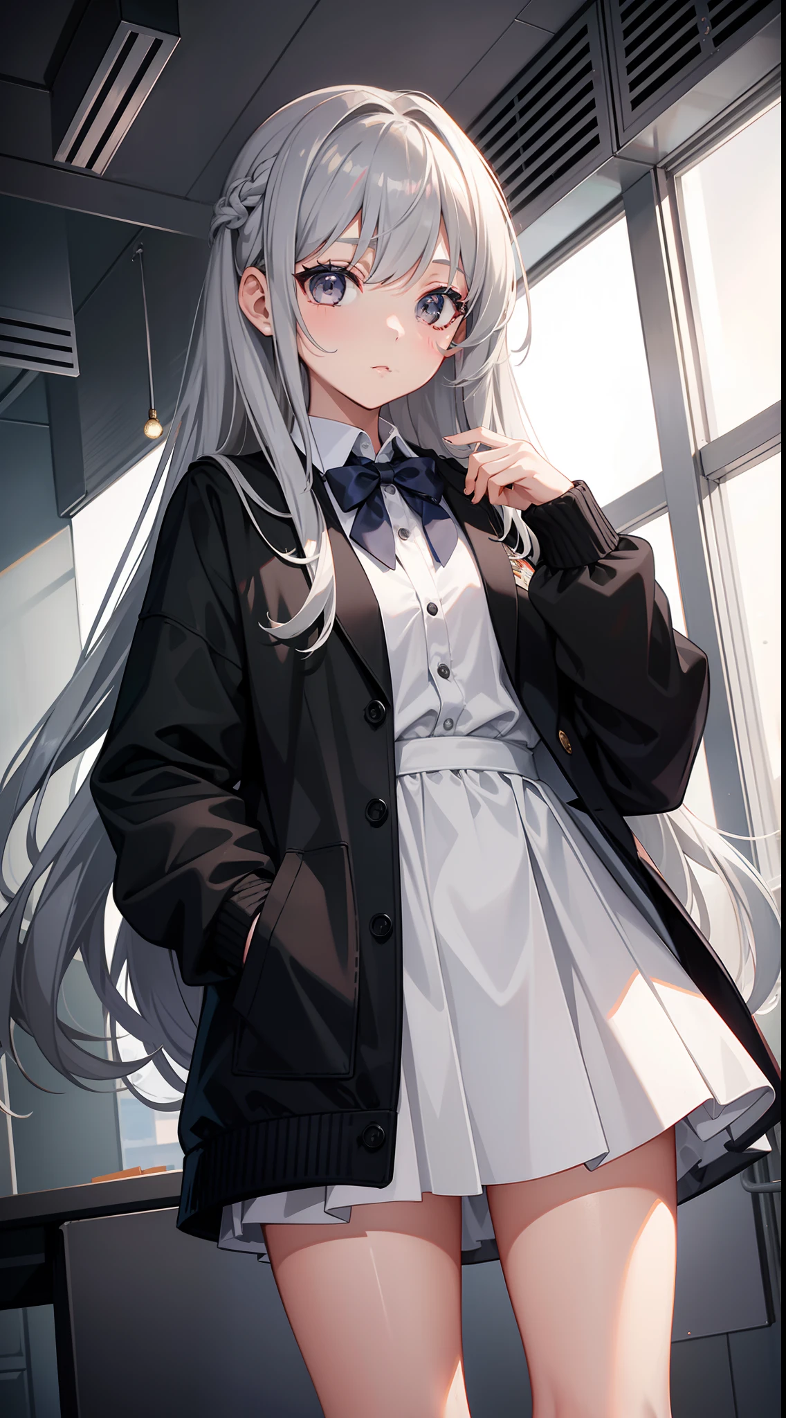 young girl, long gray hair, gray eyes, Academic Jacket, upskirt, Masterpiece, hiquality, 4k, HD, Good detail