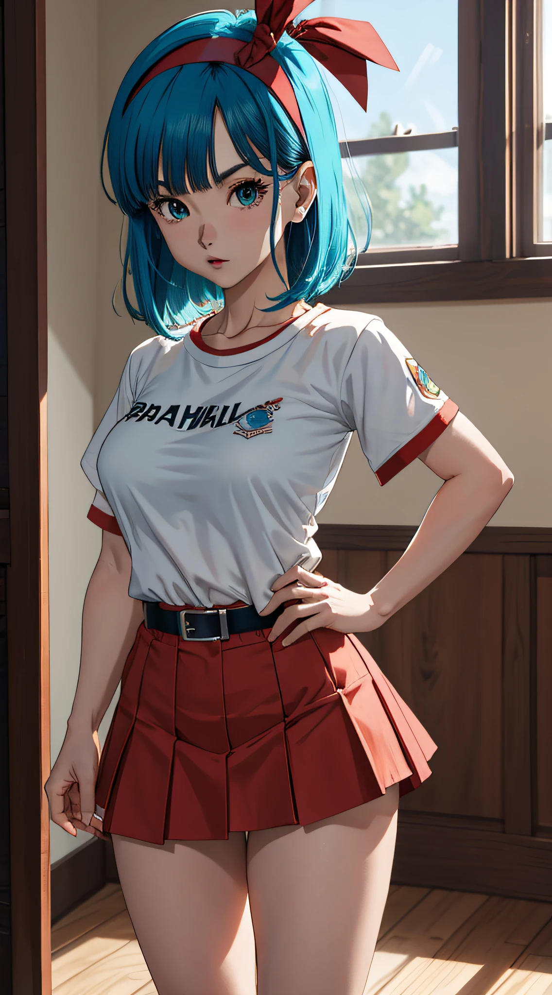 masterpiece, best quality, highres, dragon ball, blmmid, aqua hair, medium hair, blunt bangs, red hairband, medium breasts, shirt, skirt, cowboy shot, indoors, standing,