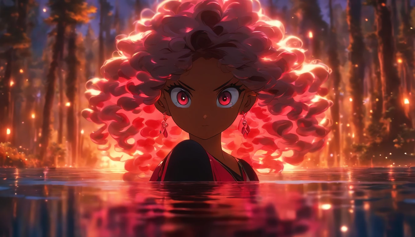 a girl, long curly hair, red eyes, brown skin, black gown, ball gown, lake, reflection, forest, magical, sunset, pink and blue skies, absurdres, high res, ultrasharp, 8K, masterpiece, photorealistic, scenic, cinematic lighting, closeup photography, niji, looking at viewer, psychedelic