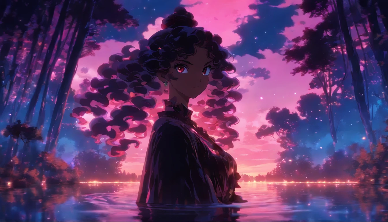a girl, long curly hair, red eyes, brown skin, black gown, ball gown, lake, reflection, forest, magical, sunset, pink and blue skies, absurdres, high res, ultrasharp, 8K, masterpiece, photorealistic, scenic, cinematic lighting, closeup photography, niji, looking at viewer, psychedelic
