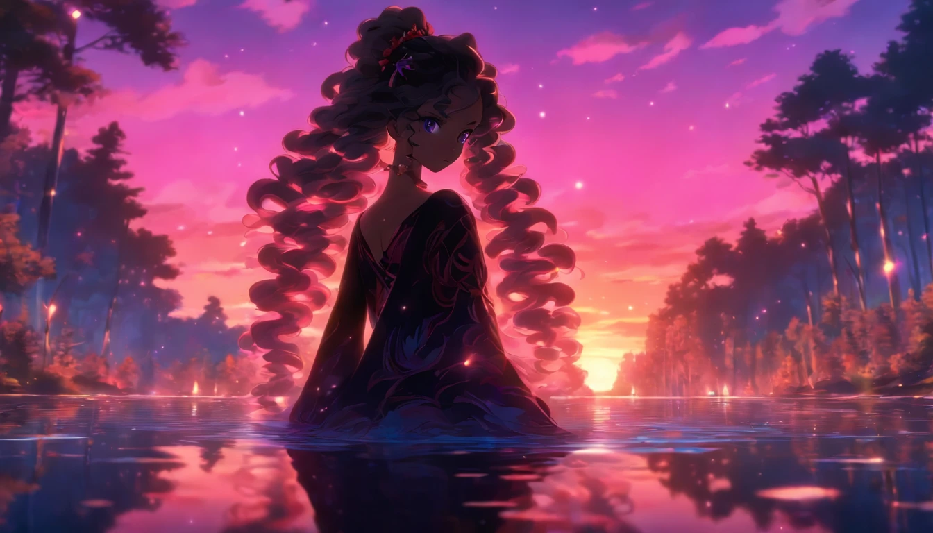 a girl, long curly hair, red eyes, brown skin, black gown, ball gown, lake, reflection, forest, magical, sunset, pink and blue skies, absurdres, high res, ultrasharp, 8K, masterpiece, photorealistic, scenic, cinematic lighting, closeup photography, niji, looking at viewer, psychedelic