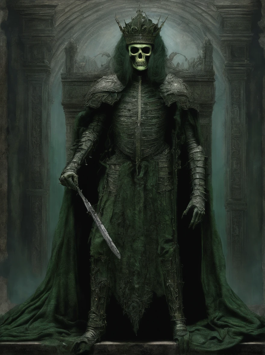 Medieval zombie king in armor and dark green royal clothing, intricate details, gothic style, art by HR Giger and Zdzisław Beksiński, trending on DeviantArt.