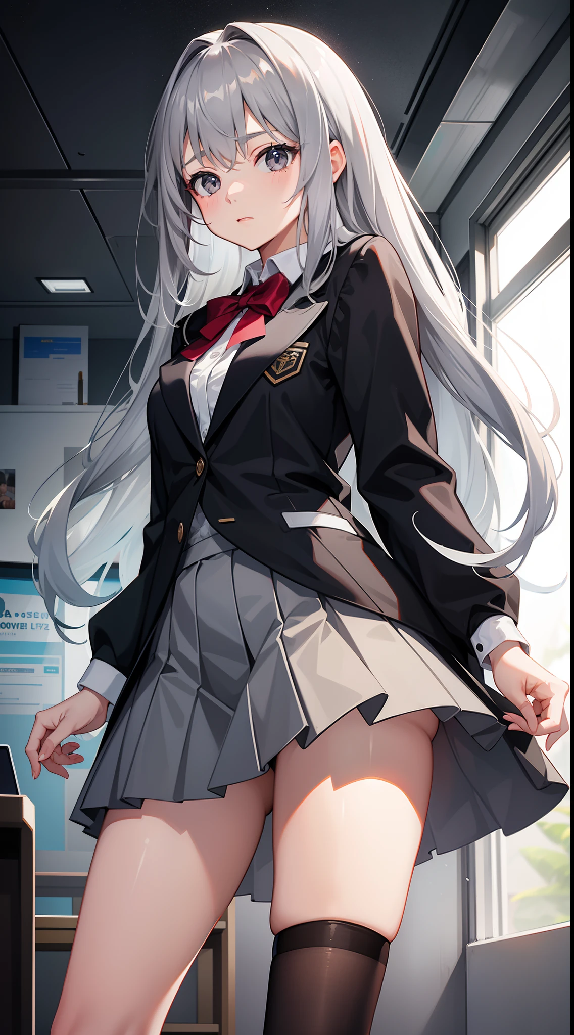 young girl, long gray hair, gray eyes, Academic Jacket, upskirt, Masterpiece, hiquality, 4k, HD, Good detail