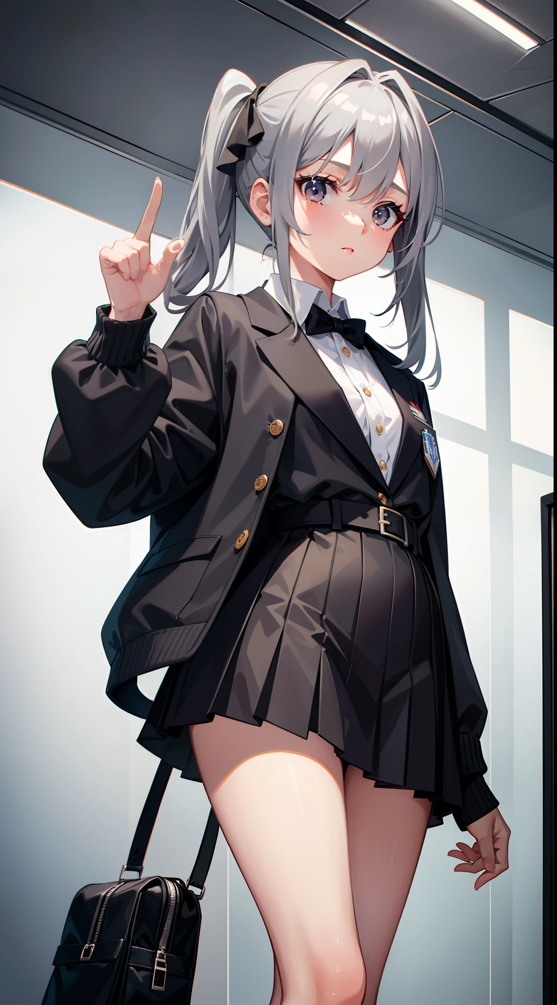 young girl, long gray hair, gray eyes, Academic Jacket, two ponytails, upskirt, Masterpiece, hiquality, 4k, HD, Good detail