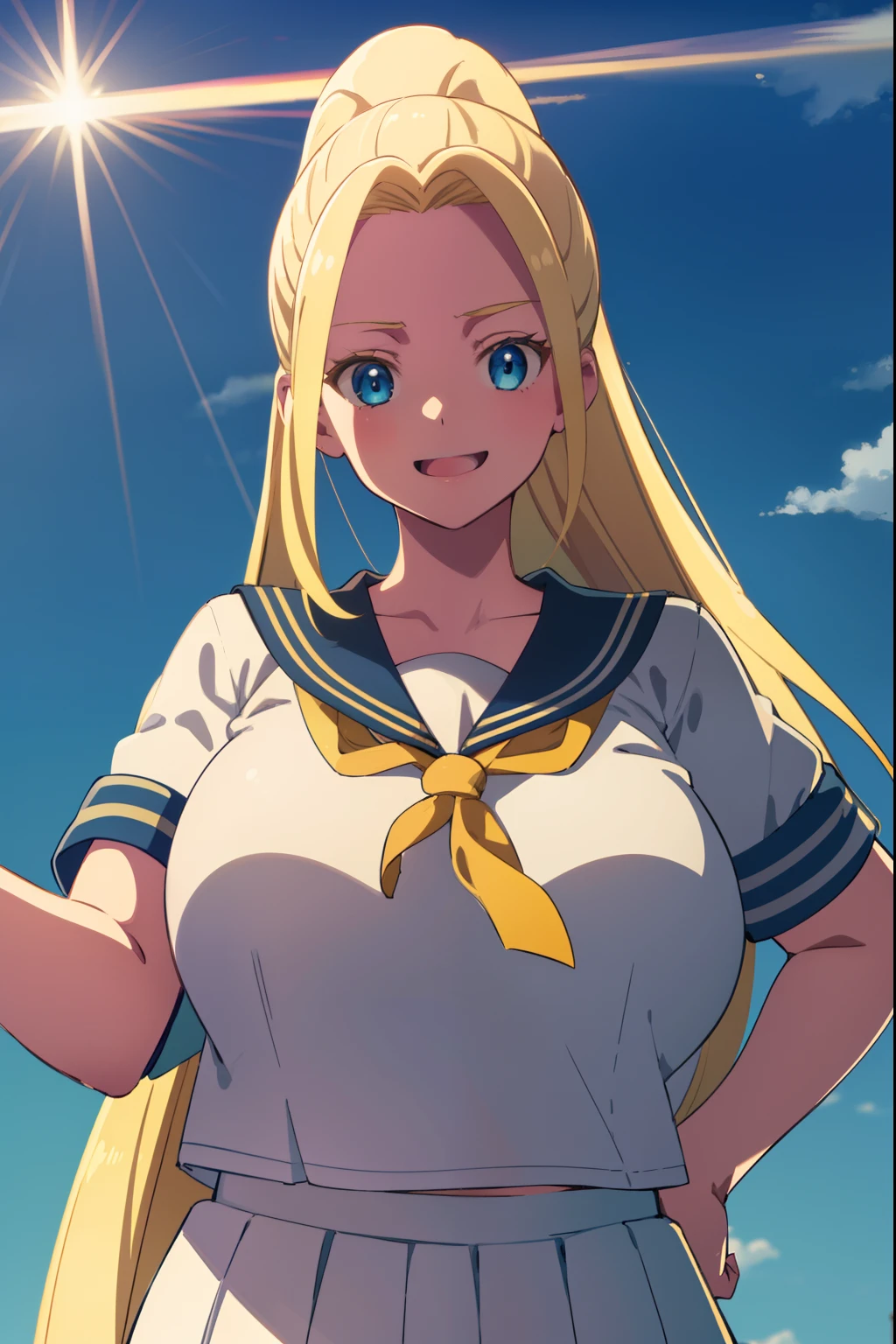 solo, fullbody, huge tits, sailor uniform, smile, beatrix amerhauser, long hair, blue eyes, blonde hair, ponytail, best quality, high resolution, unity 8k wallpaper, extremely detailed face, perfect lighting, extremely detailed