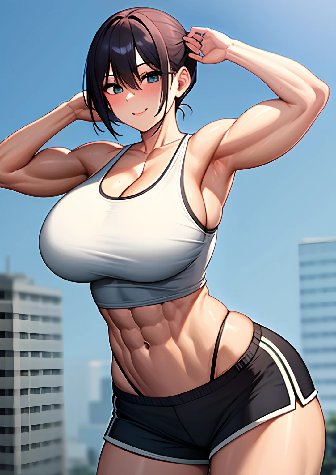 Woman, tank top, shorts, curvy, busty, muscular, abs, strongest pose