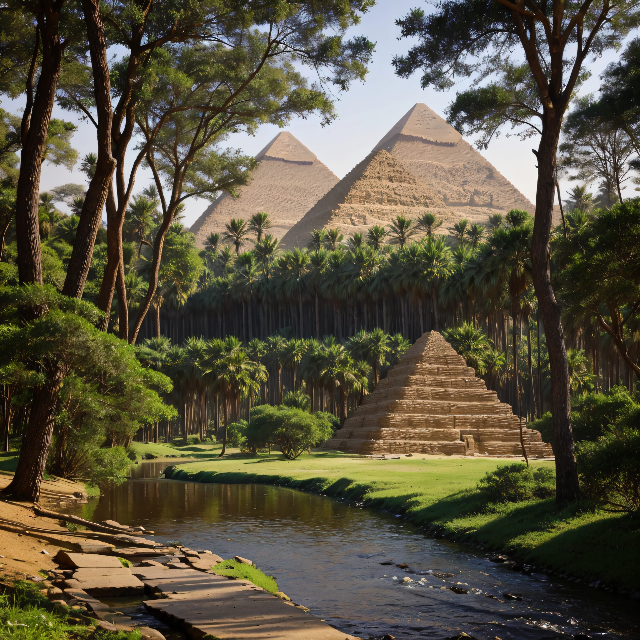 Forests and small streams weave their way through the Egyptian pyramids