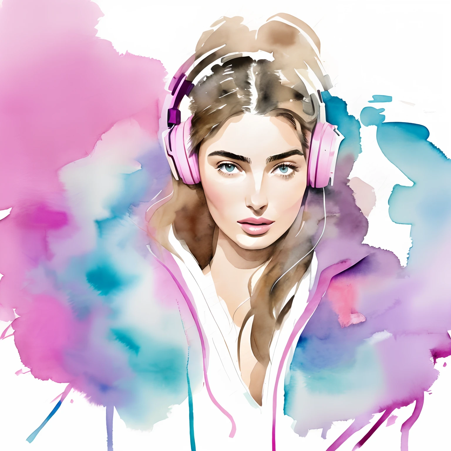 David Downton fashion illustration, gentle colors watercolor, blonde woman, thin hair, cute face, Andreea Diaconu, headphones, hoodie, drawing, luxury, calm, lilac, light blue, gentle pink