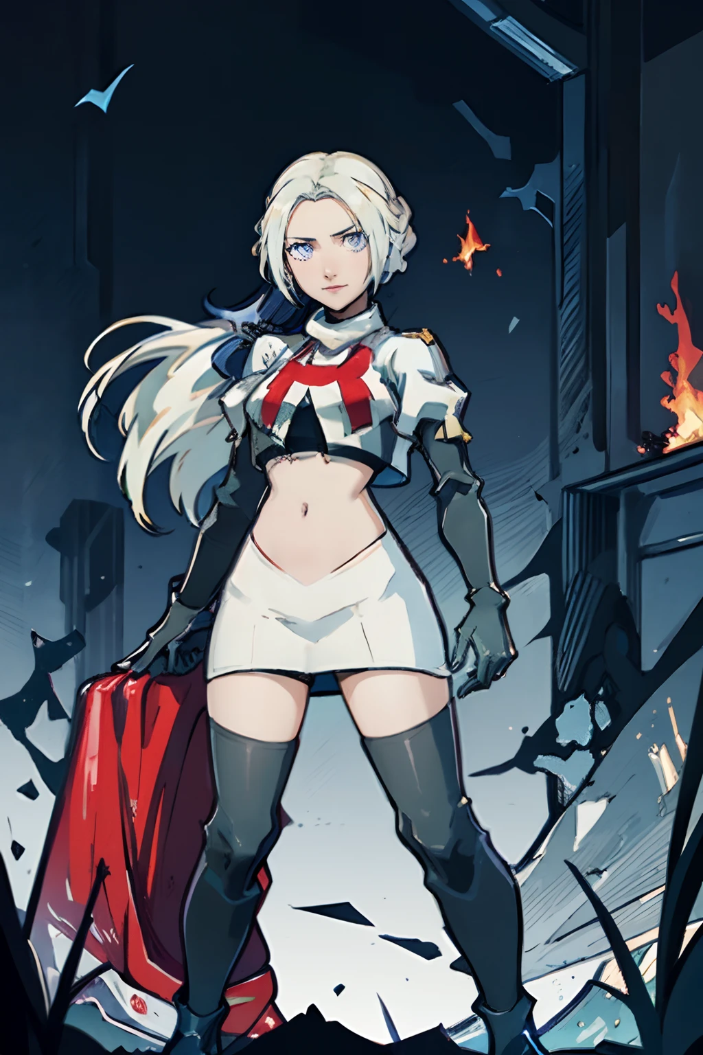 (detailed character,anime:1.2)face of Edelgard von Hresvelg (Fire Emblem: Three Houses),1girl,evil smile,intimidating expression,beautiful detailed eyes,long red hair flowing in the wind,white crop top with red letter R,white skirt,black thigh-highs,black elbow gloves,team rocket uniform,standing against a dark background