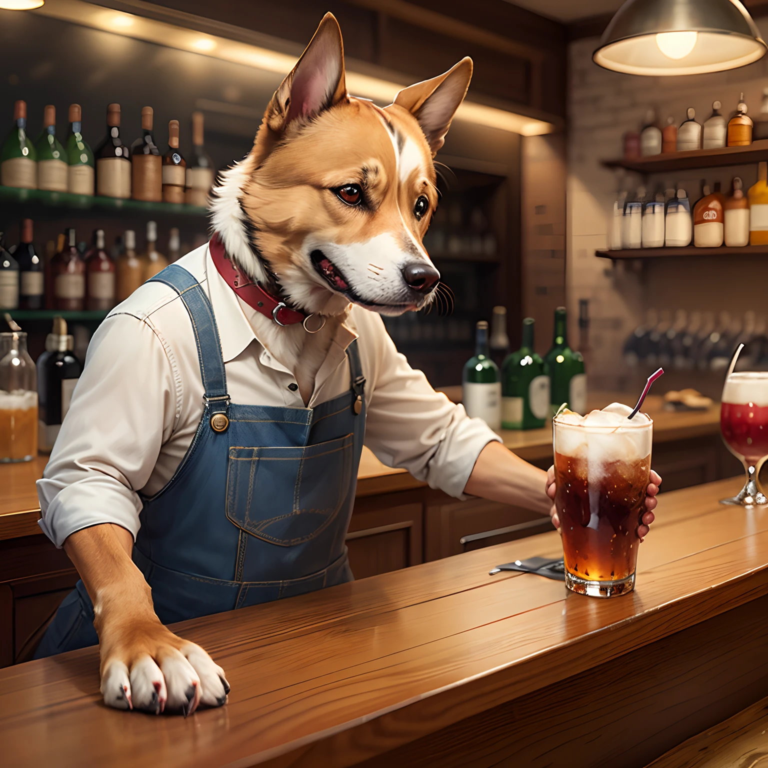 A dog is drinking at the bar counter