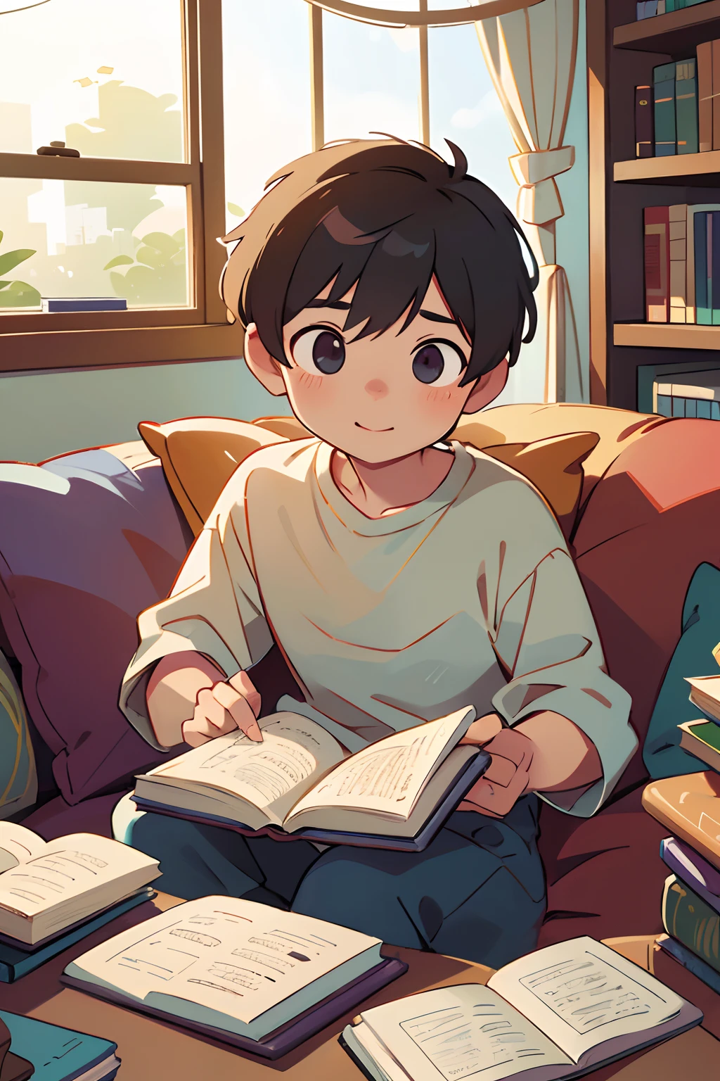 (highres,best quality,realistic) 1 child boy,sitting on the couch,reading a book,cozy living room,soft natural light,vibrant colors,comfortable cushions,bookshelf in the background,bookmarks and notes,peaceful atmosphere,relaxing moment,concentration,curious expression,imagining adventurous stories,appreciating the magic of reading,gentle smile,clothes neatly stacked on the couch,affection for books,daydreaming,enchanted by the words,errands forgotten,world of imagination.