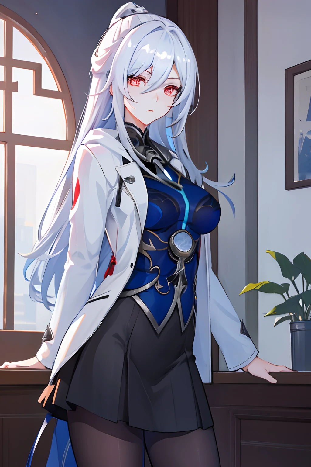 1girl, jingliu \(honkai: star rail\), (((Best quality))), white hair, blue hoodie, indoors, looking at viewer, white jacket, tall, medium breasts, black skirt, pantyhose, standing, serious expression,