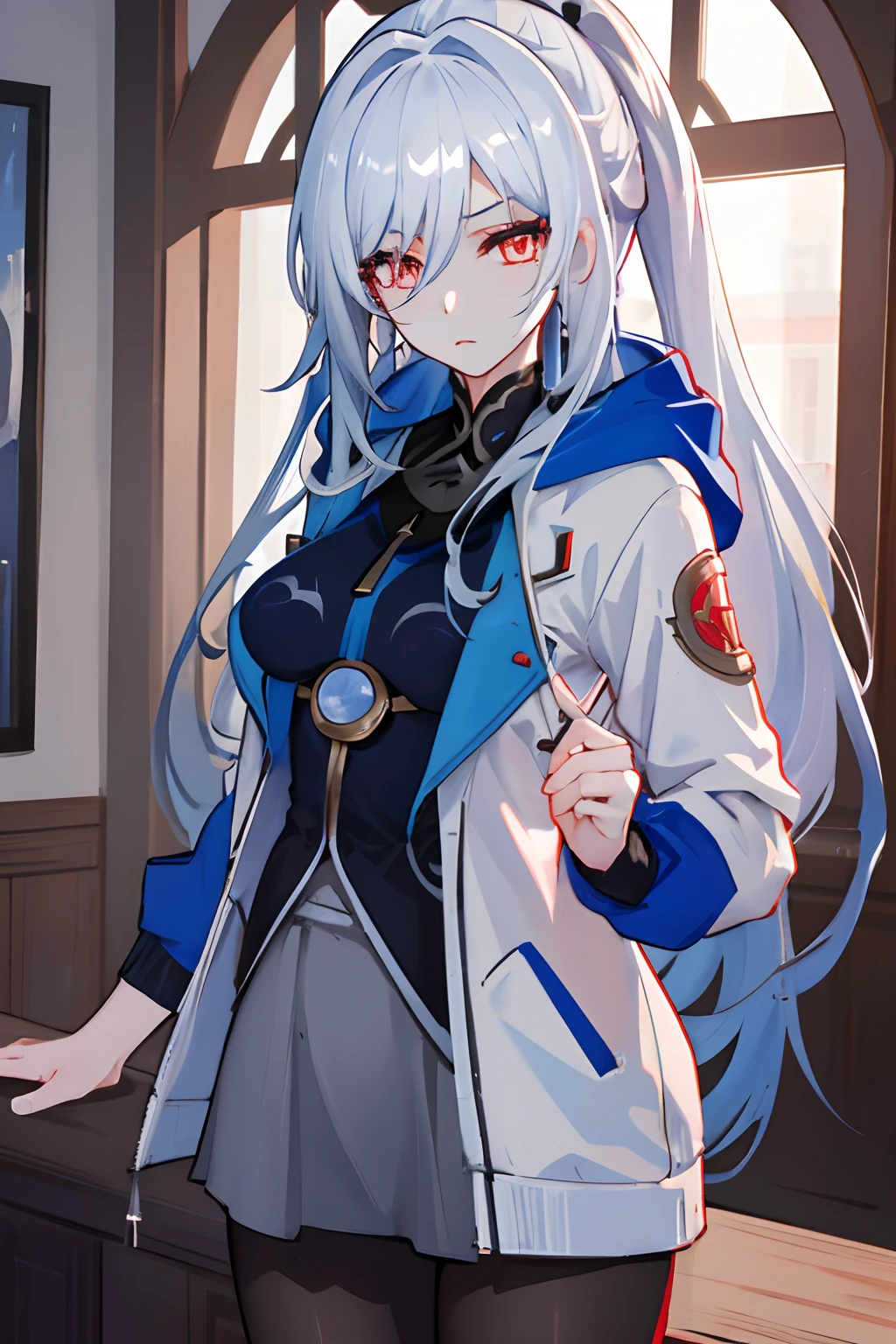 1girl, jingliu \(honkai: star rail\), (((Best quality))), white hair, blue hoodie, indoors, looking at viewer, white jacket, tall, medium breasts, black skirt, pantyhose, standing, serious expression,