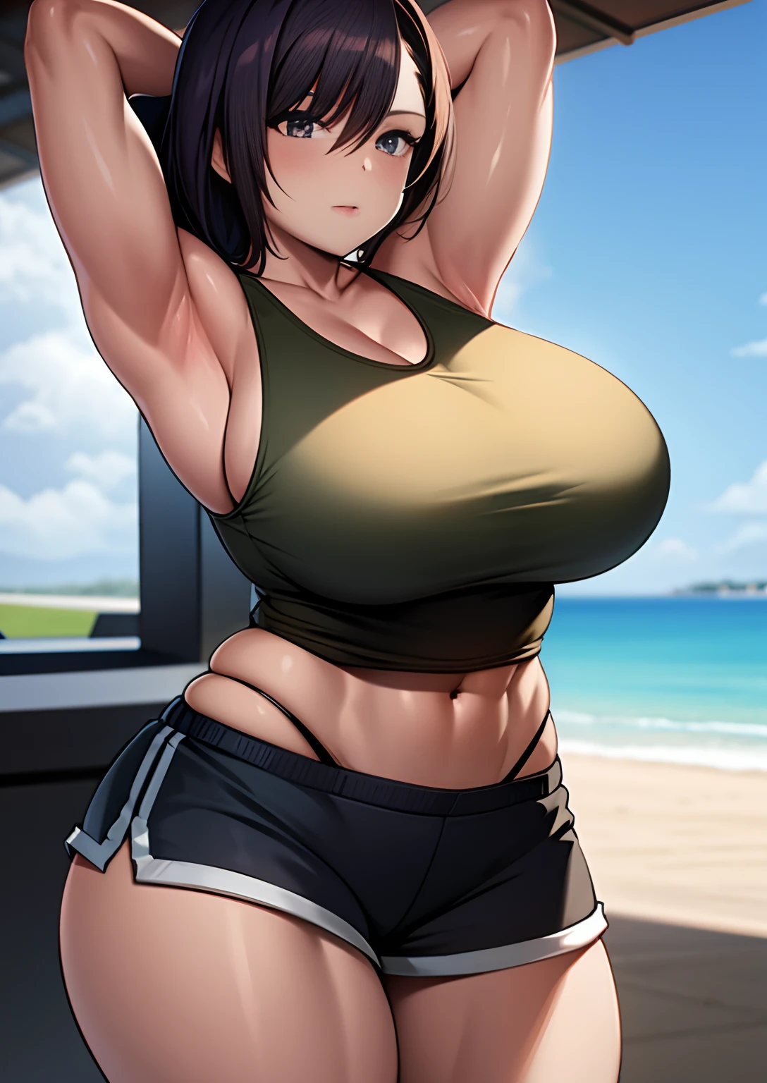 Woman, tank top, shorts, curvy, busty, muscular, abs, strongest pose