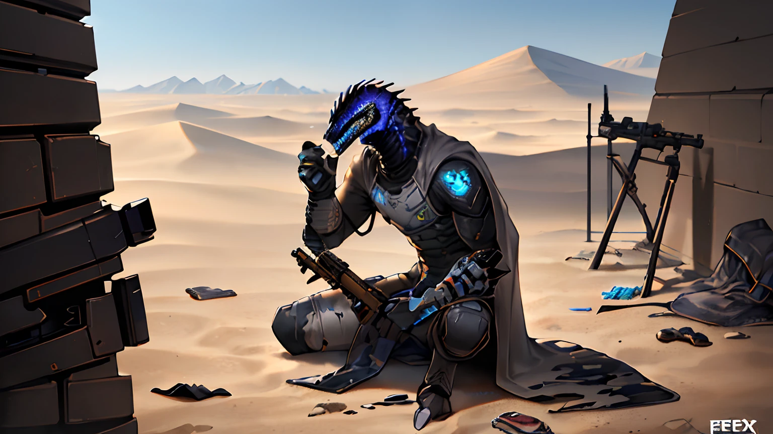 Close-up of a man holding a rifle in the desert, apex legends armor, in style of apex legends, desert robe, wraith from apex legends, Camouflage equipment, apex legends character, Desert nomads, Desert breathing armor, full body shot hyperdetailed, future soldier clothing, Torn field fatigue, discarded mechsuit in background、furry