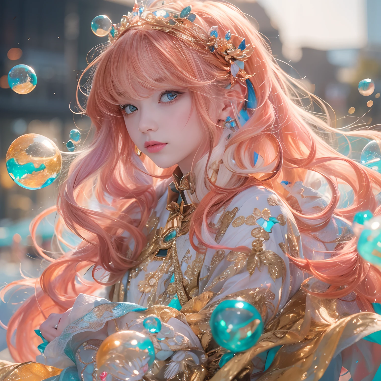 cyan colors，blue colors，The world of enamel，Blood Girl 32K（tmasterpiece，k hd，Aoyama Pond，hyper HD，32K）Long flowing bright orange hair，blood pond，zydink， a color，Grumpy （Post-halo）， （Linen scarf）， Combat posture， looking at the ground， long whitr hair， Floating bright orange， Fire cloud pattern gold tiara， Chinese long-sleeved gold silk burgundy garment， （Abstract metaverse splash：1.2）， white backgrounid，Peony flower vitality protector（realisticlying：1.4），Bright purple hair，Smoke on the road，The background is pure， A high resolution， the detail， RAW photogr， Sharp Re， Nikon D850 Film Stock Photo by Jefferies Lee 4 Kodak Portra 400 Camera F1.6 shots, Rich colors, ultra-realistic vivid textures, Dramatic lighting, Unreal Engine Art Station Trend, cinestir 800，A girl with long flowing bright orange hair，Huge colorful bubbles