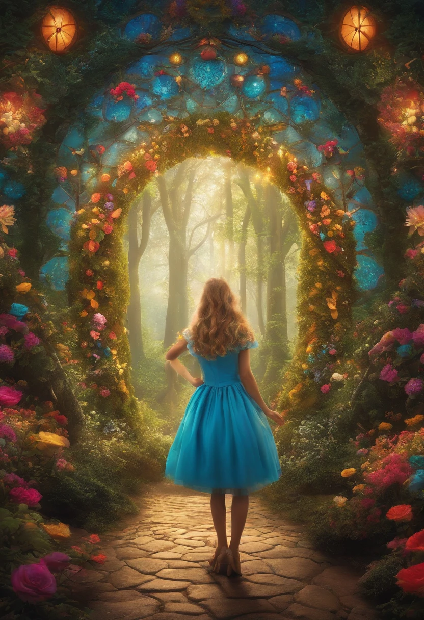 As Alice falls through the rabbit hole, the world around her transforms into a kaleidoscope of colors and shapes, each one more mesmerizing than the last, as she embarks on her journey through Wonderland."