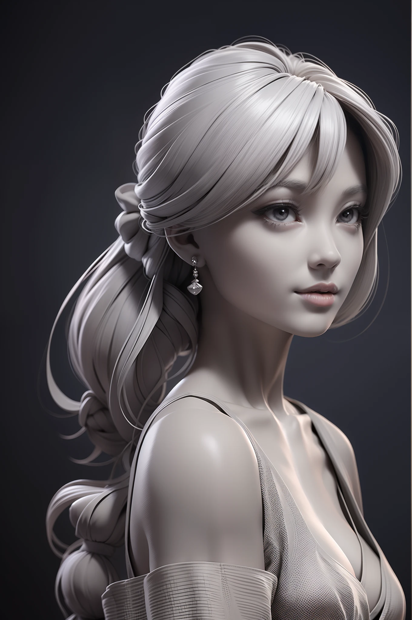 Gray clay style,(masutepiece, Best Quality), grayscales,ZBXR, 1girl in, Solo, breasts, Hair Ornament,  greybackground, Simple background, medium breasts, Upper body, White eyes, Dress