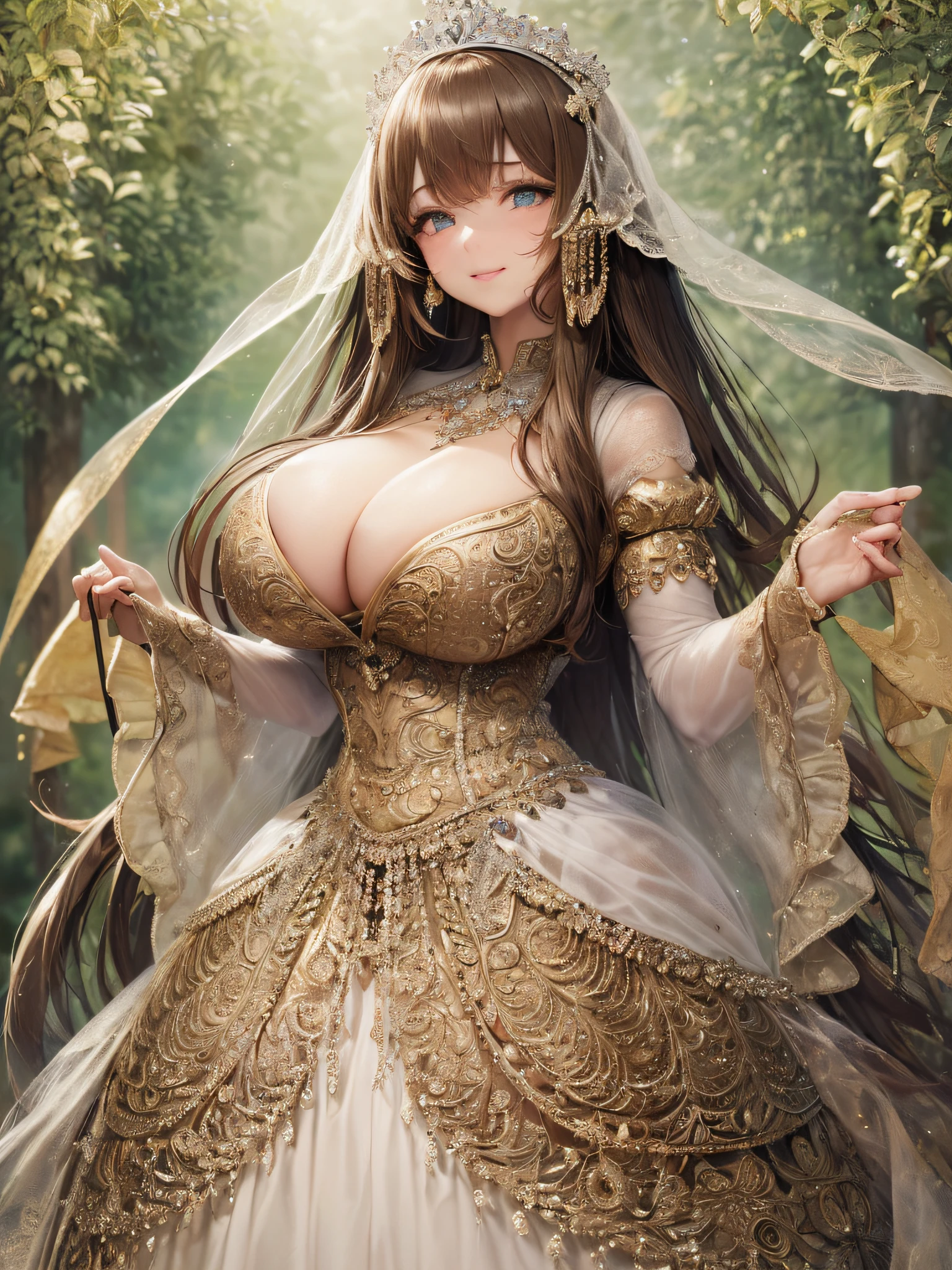 ((anime artstyle)),(Masterpiece),(Best Quality), (Super Detail),(Highly Detailed CG Unity 8k wallpaper),((Very Delicate and Beautiful)),1 lady,((full body portrait)),((standing in garden)),((solo)),(((1 princess in gorgeous embroidery and jeweled extremely gorgeous rococo princess ballgown with voluminous full length hoop skirt))),(((huge crinoline hoopskirt))),long train,((gorgeous embroidery and jeweled)),voluminous frills,See-through,(((extremely gigantic tits,skindentation))),cleavage,((absurdly Long Straight Hair,extremely voluminous Straight long Hair,absurdly Long Straight Hair)),(finely detailed face and eyes),((seductive smile,embarrassed)),clear pupil,extremely gorgeousfull hair ornament,(bling-bling jeweled extremely gorgeousfull tiara),((bling-bling gorgeous gemstone jewelry)),gorgeous long veil,((ultra long gloves)),(beautiful background),(full body),((gorgeous embroidery and jeweled extremely gorgeous rococo princess ballgown with voluminous full length hoop skirt))
