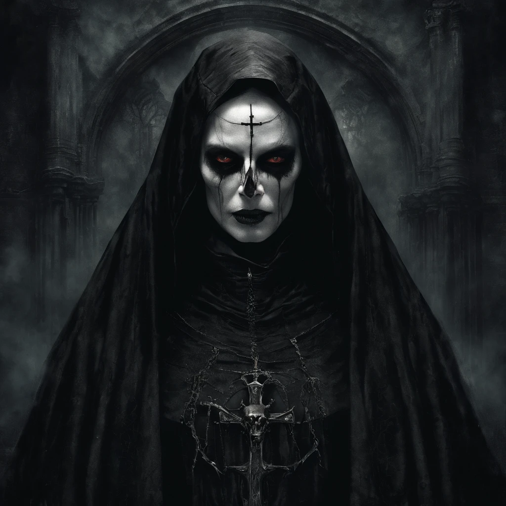 masterpiece, best quality, loststyle, solo, 1boy, male focus, blood, crown, veil, facing viewer, skull, horror   <lora:DarkSpheraStyle:0.7>