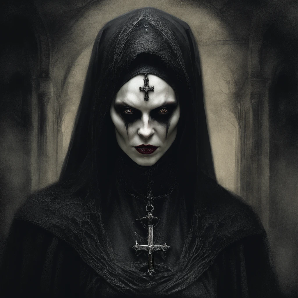 Dark portrait of a late medieval vampire nun with an ominous and cruel expression. Gothic style, highly detailed, digital painting. Art by Brom, Luis Royo, and Victoria Frances.