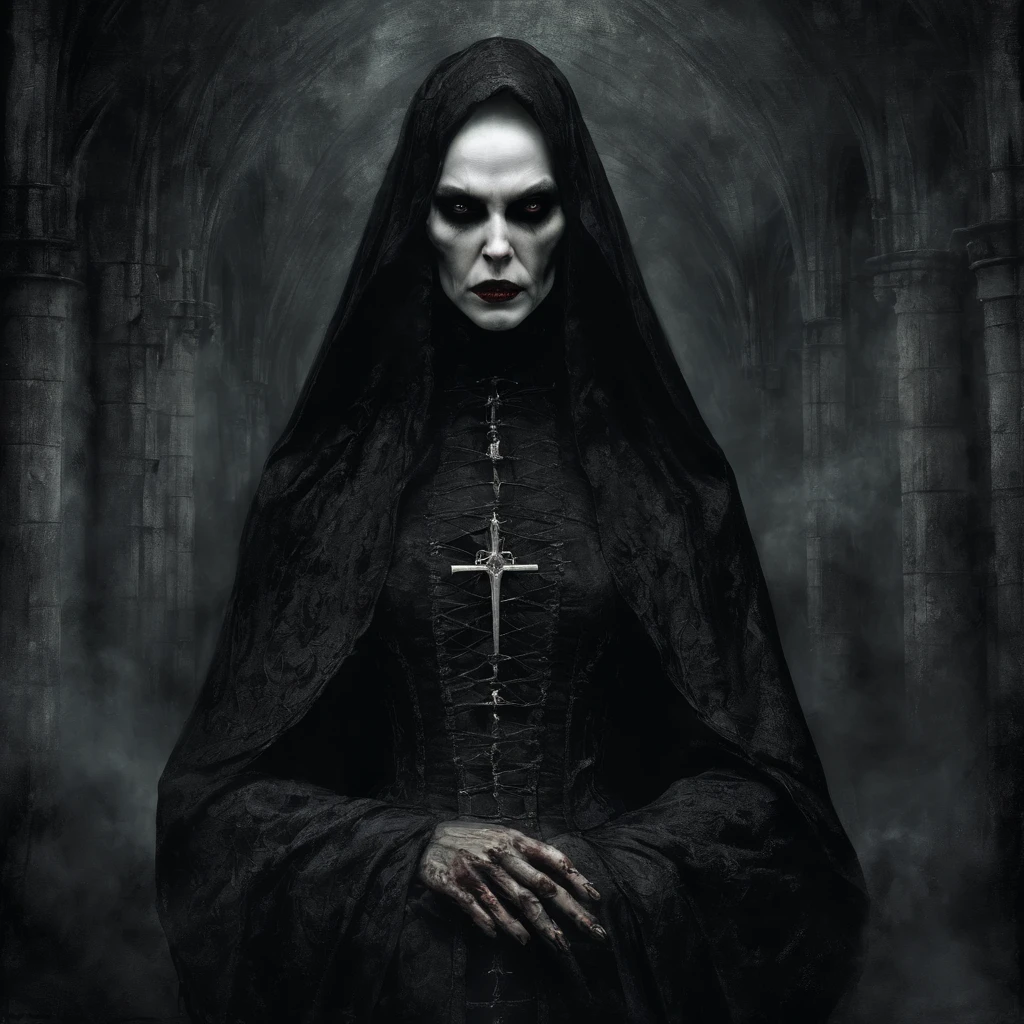 painting of a beautiful white skinned witch in ethnic black clothes with veil holding human skull in hands, evil grin, dark background, dramatic, dark atmosphere, cinematic scene, volumetric lights, ultra realistic, in the style of nicola samori