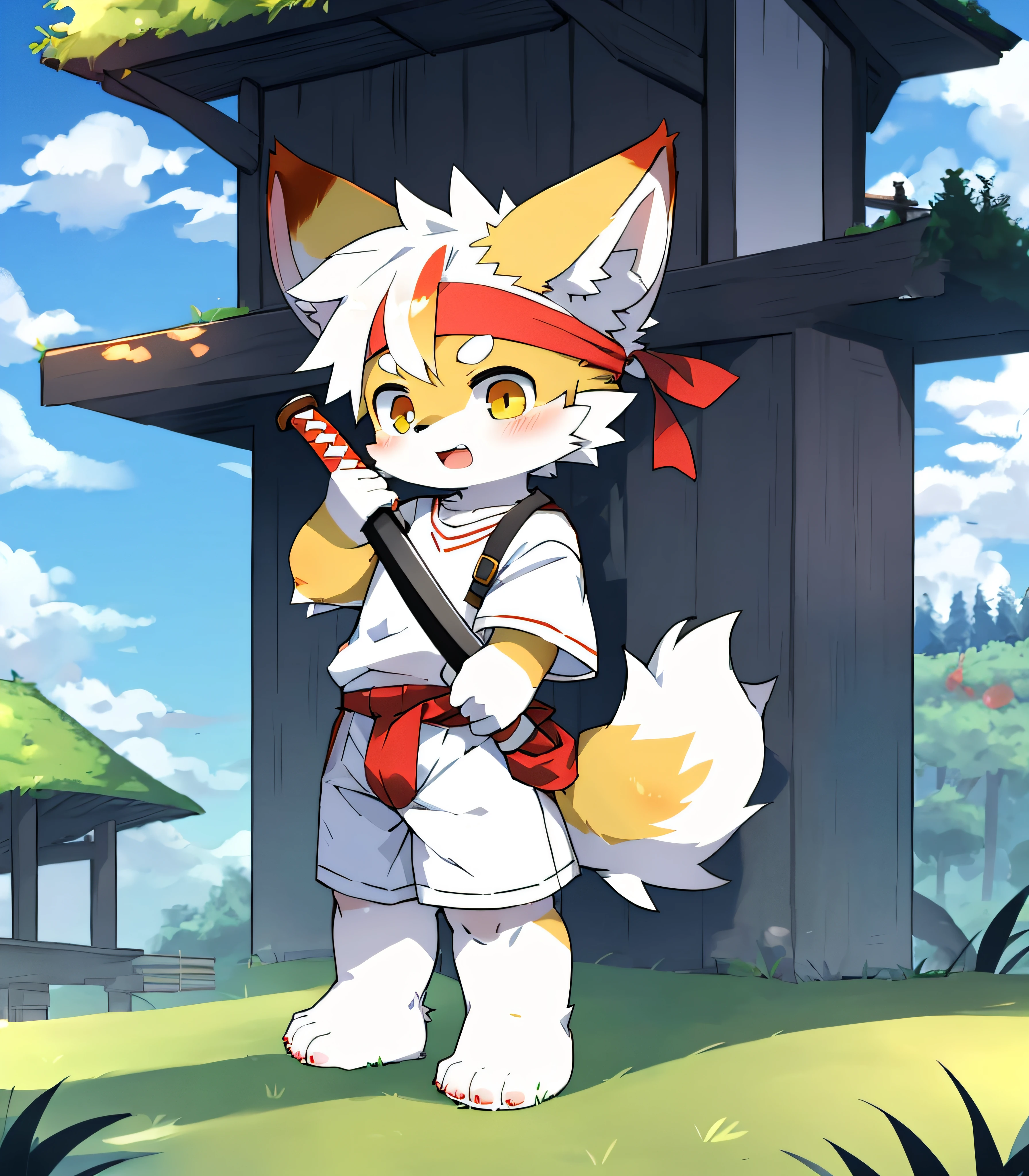 Species: Fox，The little fox，Fox Boy，Fox little boy，Colorful fur，Sharp ears，Colorful fur，Colorful skin，Beast too，Orc little boy，grassy fields，lawns，standing on your feet，Attention，blue-sky，shaggy，shaggy，Colorful fur，Colorful fur，Colorful fur，Colorful fur，male people，canid，adolable，adolable，adolable，solo person，Colorful fur，Golden eyes，Thick eyebrows，Fluffy tail，white short sleeve，short white pants，ultra - detailed：1.0，Libido boy，toddlers，toddlers，toddlers，Children，children's，Gamine，Beast too，Beast too，Beast too，adolable，adolable，younge boy（Via Dagasi：1.1），anatomy correct，Barefoot paws，Barefoot paws，standing on your feet，Attention，bald-headed，bald-headed，balding，balding，Colored paws，Stand on the lawn，standing in grassy field，Stand on the lawn，red waistband，Red headband，Blood，A child with a katana in his hand，A child with a serious expression，Colorful fur