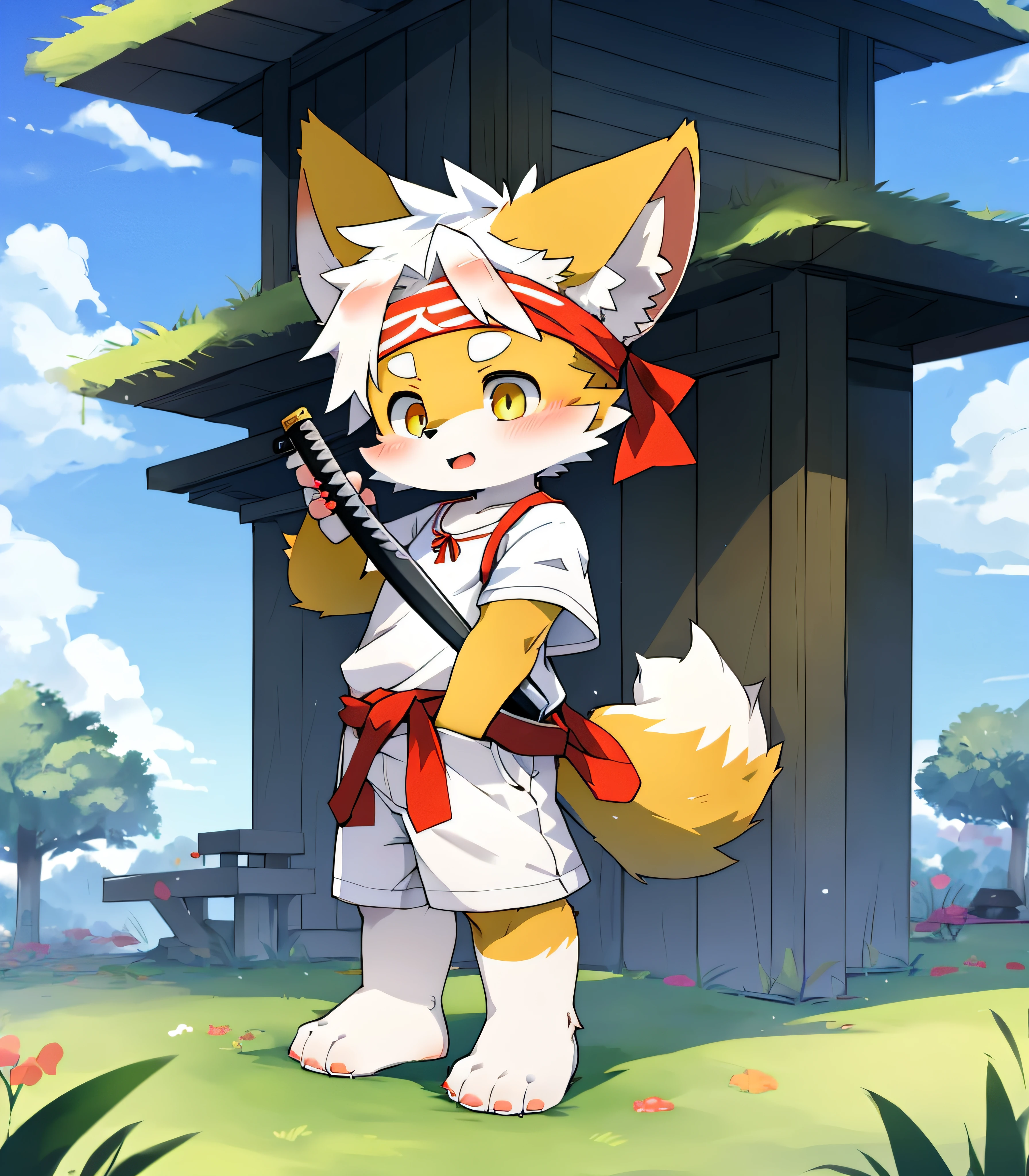 Species: Fox，The little fox，Fox Boy，Fox  boy，Colorful fur，Sharp ears，Colorful fur，Colorful skin，Beast too，Orc little boy，grassy fields，lawns，standing on your feet，Attention，blue-sky，shaggy，shaggy，Colorful fur，Colorful fur，Colorful fur，Colorful fur，male people，canid，adolable，adolable，adolable，solo person，Colorful fur，Golden eyes，Thick eyebrows，Fluffy tail，white short sleeve，short white pants，ultra - detailed：1.0，Libido boy，toddle，toddlersoddlers，Cldren，children's，Gamine，Beast too，Beast too，Beast too，adolable，adolable，younge boy（Via Dagasi：1.1），anatomy correct，Barefoot paws，Barefoot paws，standing on your feet，Attention，bald-headed，bald-headed，balding，balding，Colored paws，Stand on the lawn，standing in grassy field，Stand on the lawn，red waistband，Red headband，Blood，A child with a katana in his hand，A child with a serious expression，Colorful fur