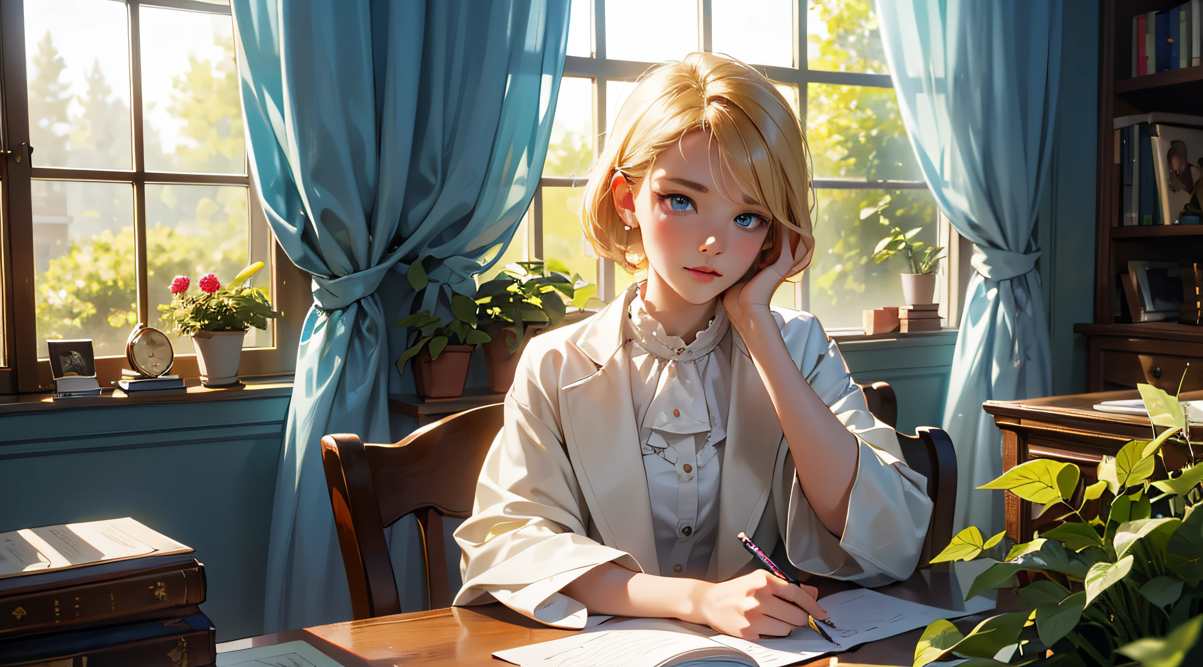 (Masterpiece, Highest Quality, 8K, 16 k, High Quality, Best Quality:1.3, absurderes, high resolucion, digital art, intrikate),High Quality, Drawing clean eyes, reflective eyes, pixie cut, Pretty blonde, Beautiful blonde, Blue Eyes, 1 Girl, {The Girl at the Window}, {Placing a window between the girls}, It is surrounded by plants, Vine-strewn walls, flowers blooming, Rainbow reflection, studying, The car on the desk, There is a letter on the desk, Books neatly arranged on the desk, Writing with an emphasis on shadows, Accurately hand drawing, Draw your fingers correctly, curtain, white jacket, {Make color boundaries clear}, book case, More shiny ornaments, --auto