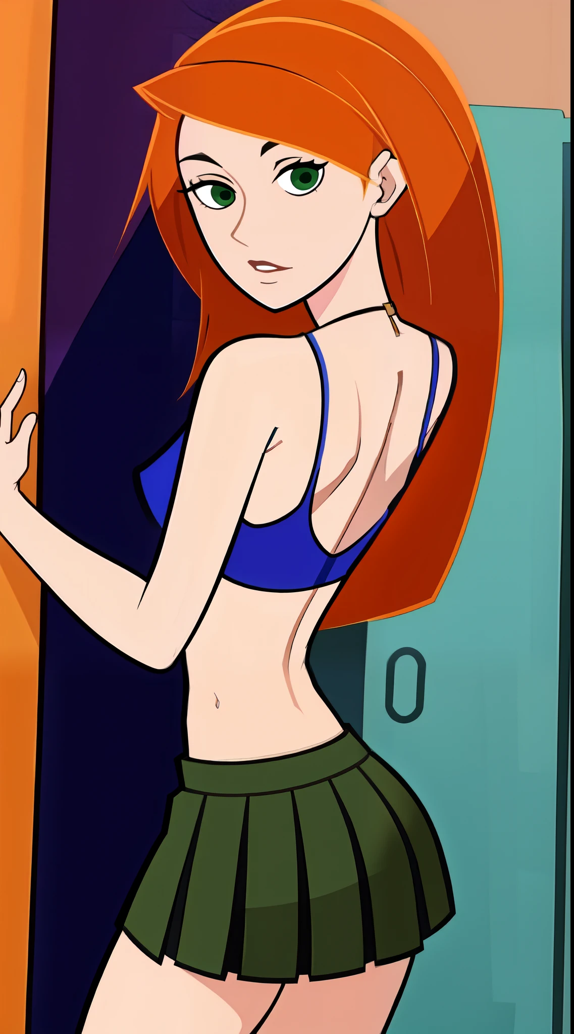 Kim possible, Sexy, beautiful face, wet body, in the school locker room, long orange hair, nude body, pussy, shy, smiling, small breasts, slim body, 