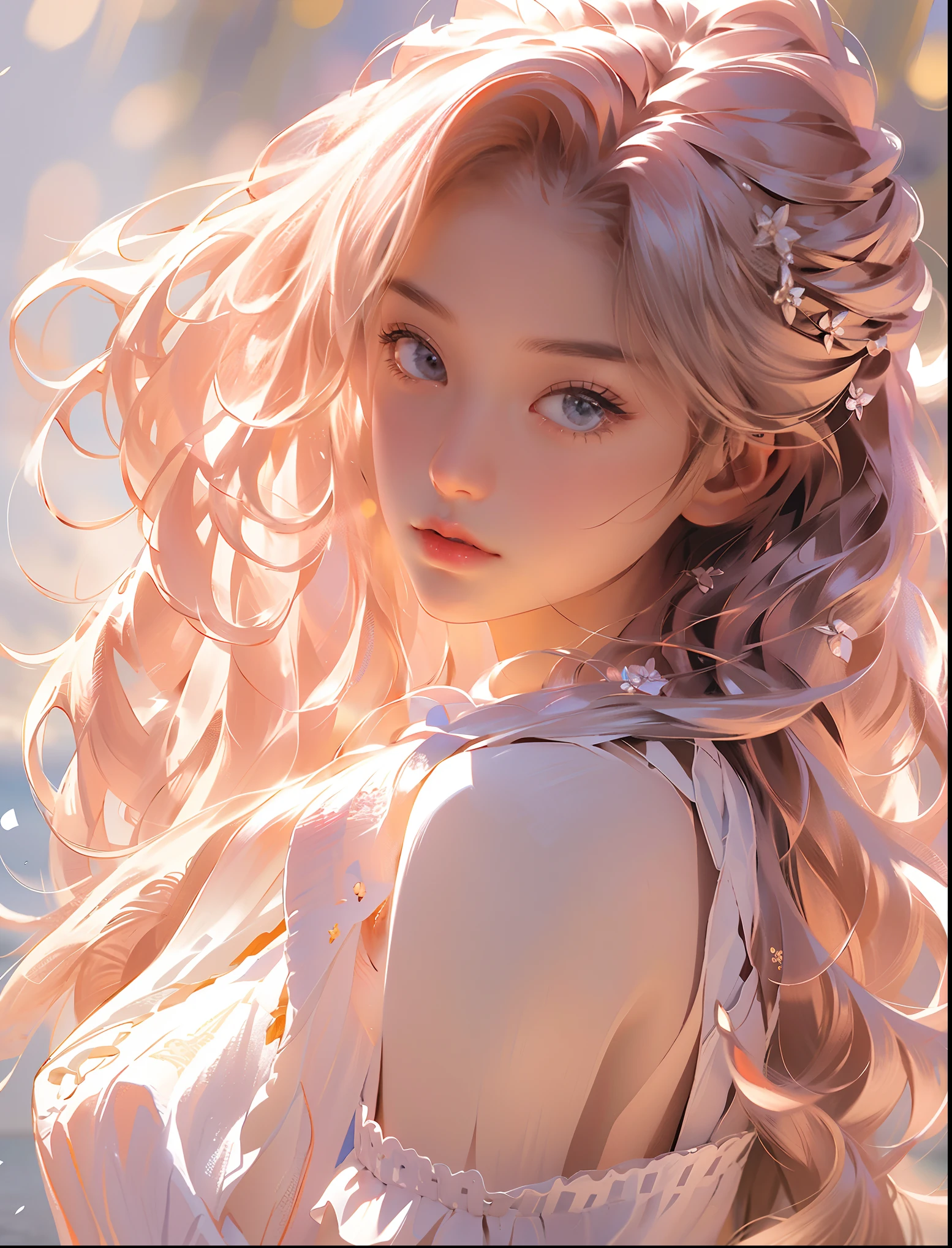 (独奏:1.8), (elegant: 1.2), gorgeous, long hair, wind, (elegant: 1.3), (petals: 1.4), ((masterpiece))), ((best quality)), (ultra-detailed), (illustration), (dynamic angle), ((floating), (paint), ((loose hair)), (独奏), (1girl), ( ( ( (detailed anima face)))), ((beautiful detailed face)), collar, bare shoulders, pink silver hair,((striped hair)), beautiful detailed eyes, ((Gradient eyes), (colored eyes))), (white cloud background))), (high saturation))), ((surrounded by colorful splashes)),Beautiful nipples,Hobo Flat Chest,Leaner figure,A young, beautiful girl with a beautiful nose,