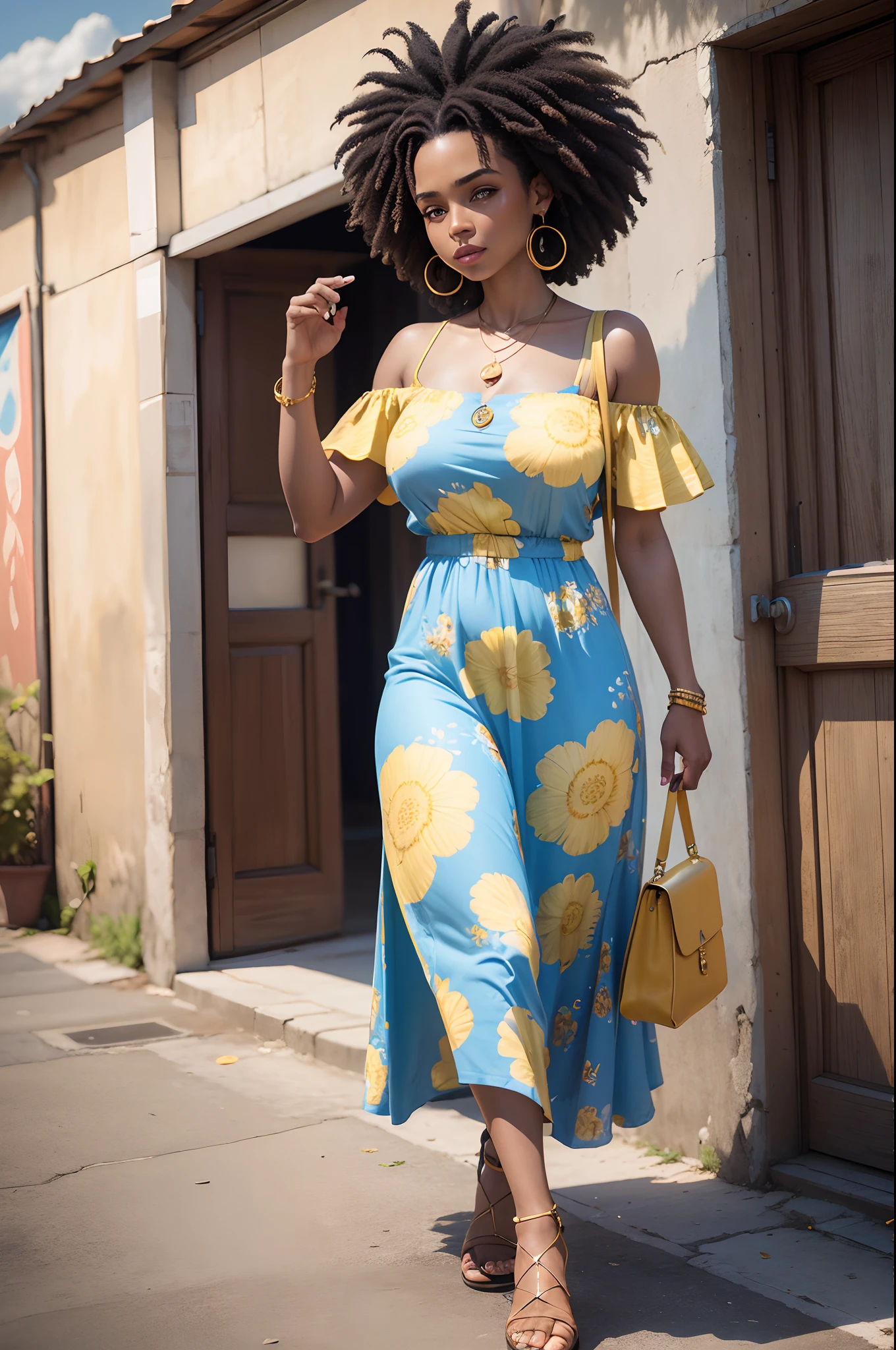 Araffe woman in a blue and yellow dress walking down a street - SeaArt AI