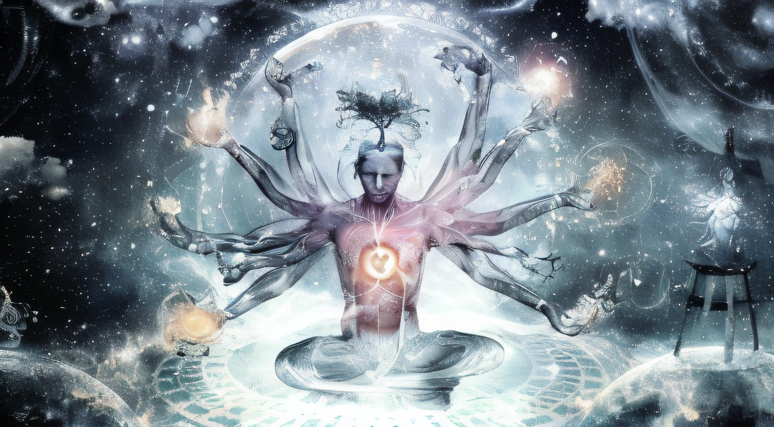 There is a man sitting in the lotus position with many hands, Beings of another dimension, Energy divergence and outflow, Kundalini Energy, consciousness projection, Spiritual enlightenment, radiating rebirth energy, Collective consciousness, Increased awareness, Infinite Consciousness, Raising awareness, in the astral plane ) ) ), Frequency of the Soul, Shamans supporting space, Enlightenment. Convoluted