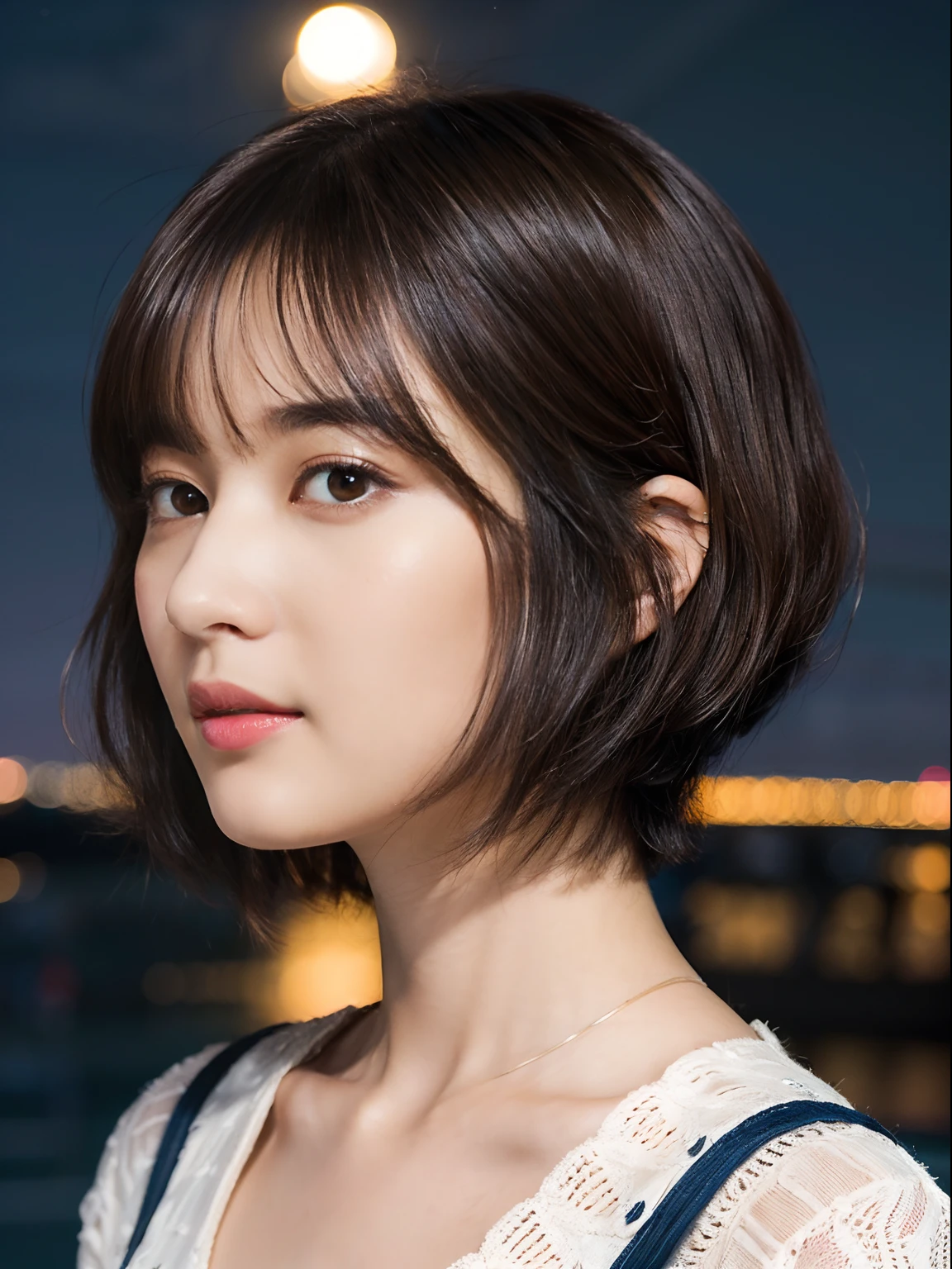 40
(Airy wavy short bob cut:1.23), (a 25yo woman), (A hyper-realistic), (Masterpiece), (8KUHD), Being in the harbor at night