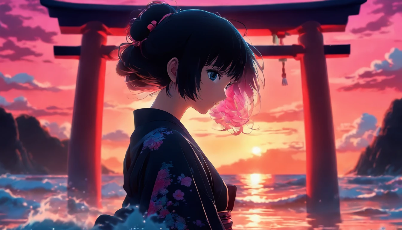 a girl, short black hair, black eyes, wearing black kimono, ocean reflection, torii gate, magical, sunset, pink and blue skies, absurdres, high res, ultrasharp, 8K, masterpiece, photorealistic, scenic, cinematic lighting, closeup photography, niji, looking at viewer, psychedelic