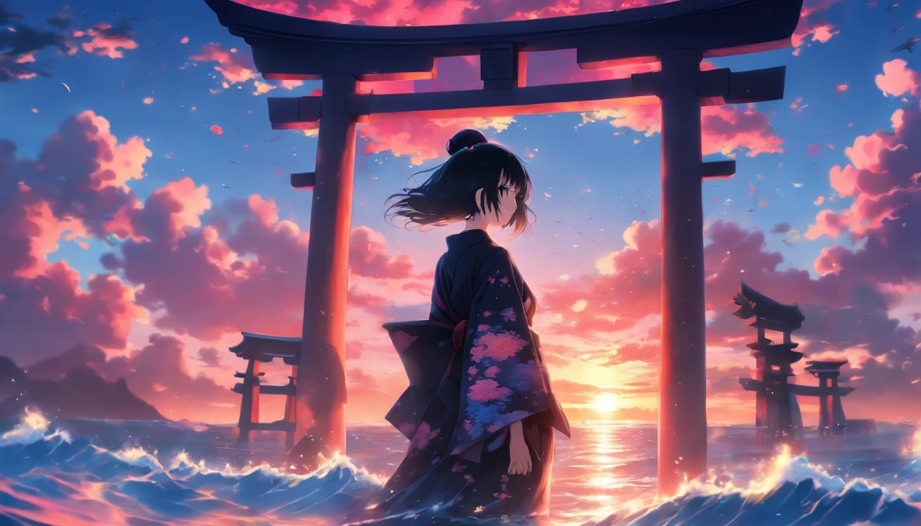 a girl, short black hair, black eyes, wearing black kimono, ocean reflection, torii gate, magical, sunset, pink and blue skies, absurdres, high res, ultrasharp, 8K, masterpiece, photorealistic, scenic, cinematic lighting, closeup photography, niji, looking at viewer, psychedelic