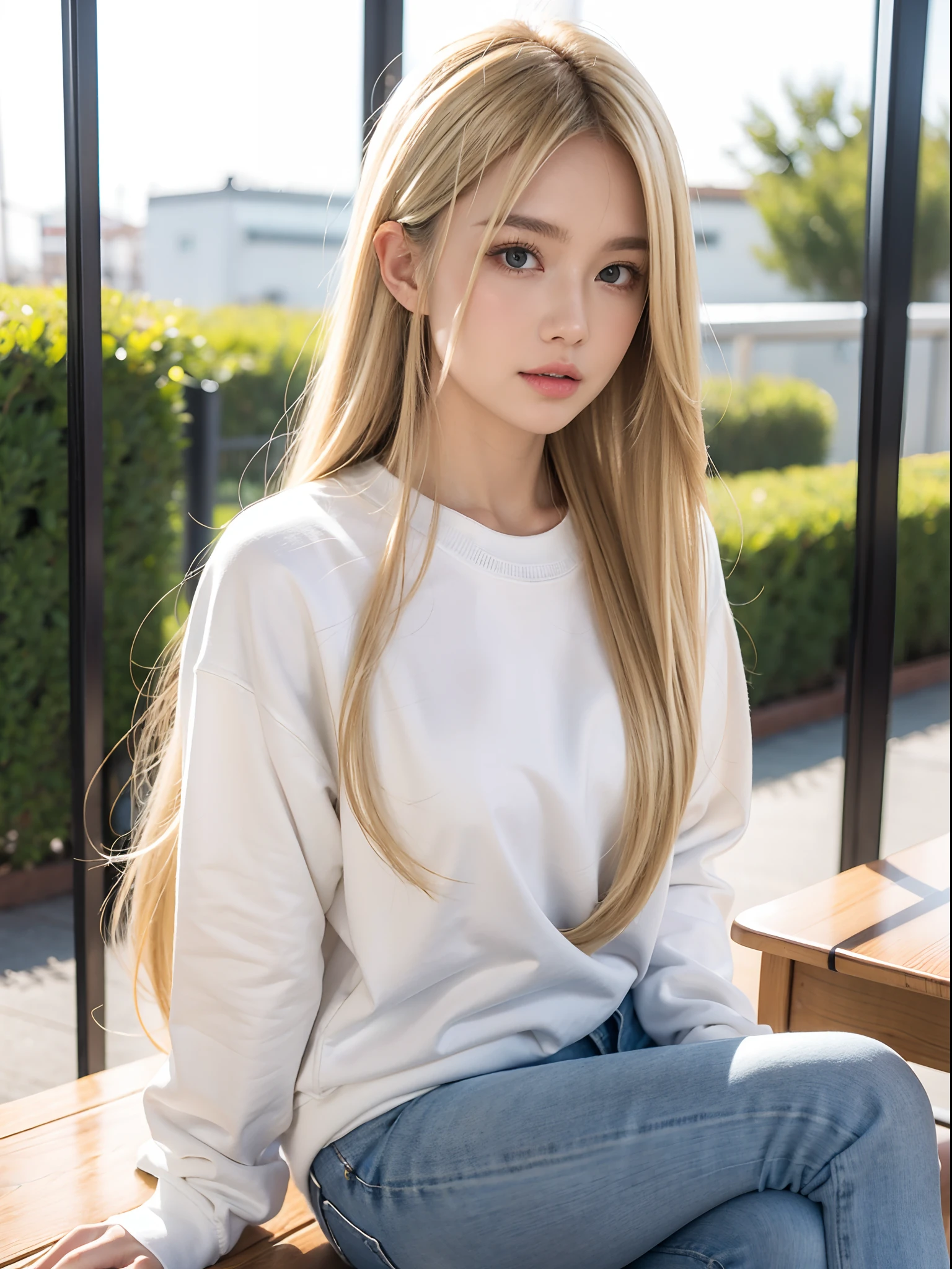 Cute teenage girl with blue eyes and blonde hair wearing a blouse and thick thigh high jeans and sweatshirt