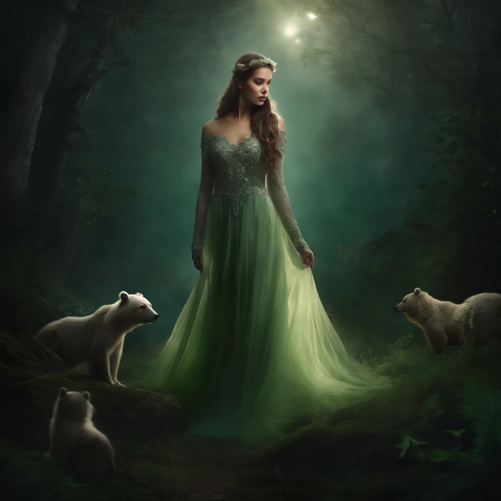A girl in a moonlit forest, (best quality,highres), with dense trees and a misty fog. The forest is filled with moonlight, casting shadows and creating an eerie, mystical atmosphere. The girl is wearing a flowing, ethereal dress that glows under the moonlight. Her eyes are (extremely detailed,beautiful detailed eyes), reflecting both the beauty and mystery of the forest. She holds a bouquet of (glowing, luminous) flowers, adding a touch of enchantment to the scene.
In the depths of the forest, there are (mysterious creatures,hidden beings) lurking among the trees, barely visible through the lingering mist. These creatures, known as berserkers, are wearing (bear skins), their primal and fierce nature intertwined with the forest's energy. The bear skins exhibit (traditional symbolism,striking patterns) that enhance their mystical presence.
The forest itself is embraced by the colors of (emerald, jade, shimmering greens), creating a vibrant and enchanting palette. The moonlight casts soft (silver, ethereal) tones, illuminating the intricate details of the trees and the girl's ethereal dress.
As the moon shines through the gaps in the canopy, it creates a (mystical, ethereal) lighting effect, highlighting the cascading layers of mist and casting a gentle glow on everything it touches. The overall atmosphere is both (magical and mysterious), inviting viewers to immerse themselves in this evocative world.
The artwork is rendered in a (dreamlike, ethereal) style, combining elements of (fantasy and realism). The details are (ultra-detailed), capturing every leaf, texture, and expression with precision and depth. The (photorealistic) rendering creates a sense of believability while keeping the mystical essence alive.
(tags: girl in moonlit forest, dense trees, misty fog, flowing ethereal dress, glowing flowers, beautiful detailed eyes, hidden beings, bear skins, traditional symbolism, vibrant colors, emerald, jade, shimmering greens, silver tones, mystical lighting, mag