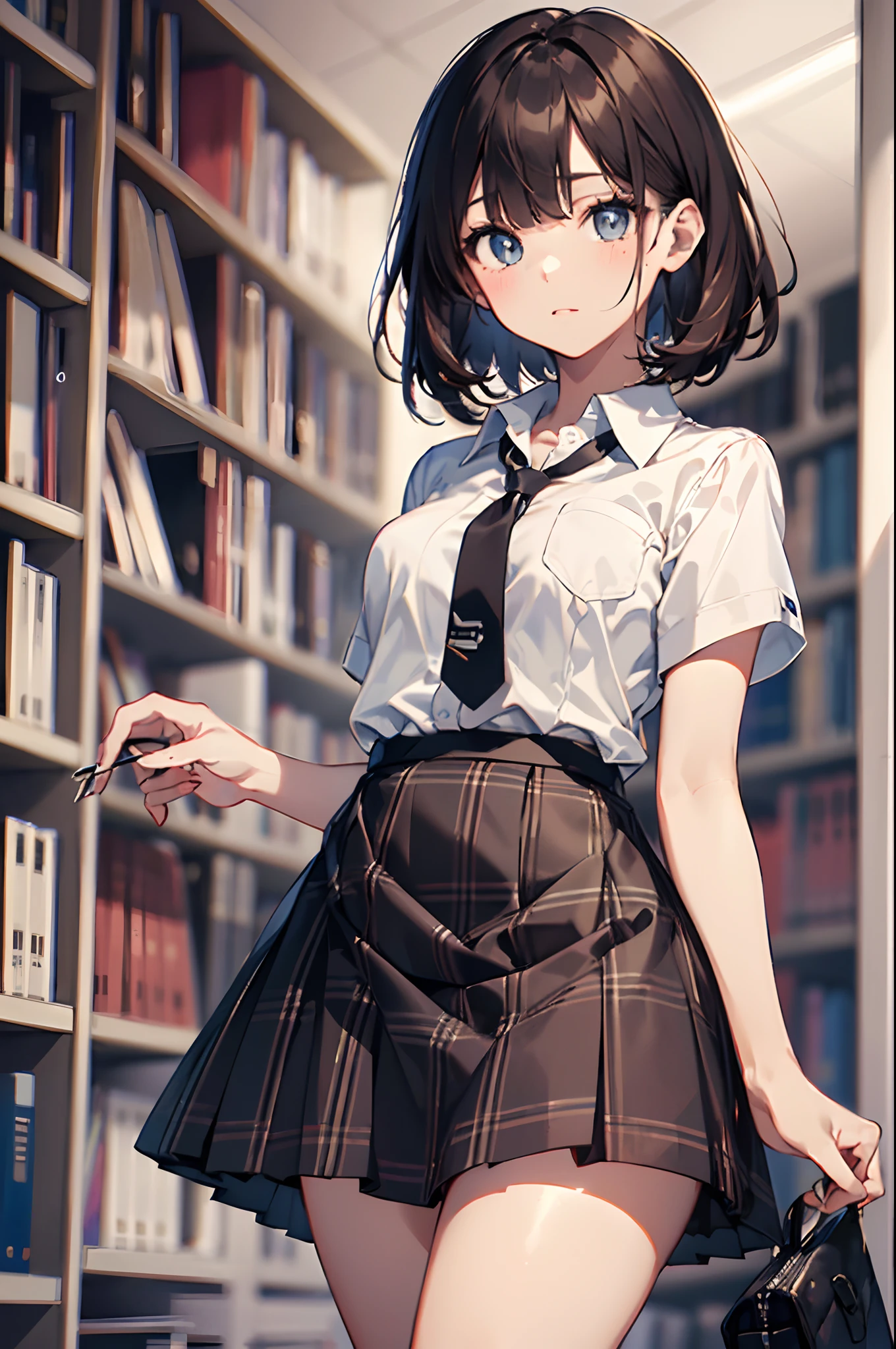 (top-quality、in 8K、32K、masterpiece、nffsw、超A high resolution、Impresionismo、Photorealsitic:1.2)、cowboy shot、foco nítido、detailed faces and eyes、inside in room、atlibrary、Bookshelf in the background、Very quiet space、beauitful face、blurry backround、Sharp pupils、Realistic pupils、school ground、beauitful face、blurry backround、18 year old beautiful girl、shinny skin、Bery short hair、Beautiful dark brown hair、Blunt bangs、Dark blue eyes、Shirt、neck tie、Plaid miniskirt、Black socks、(Have a skirt、Lifting skirt、I can see the white panties:1.3)、(Embarrassed look:1.2)、Mel Kishida