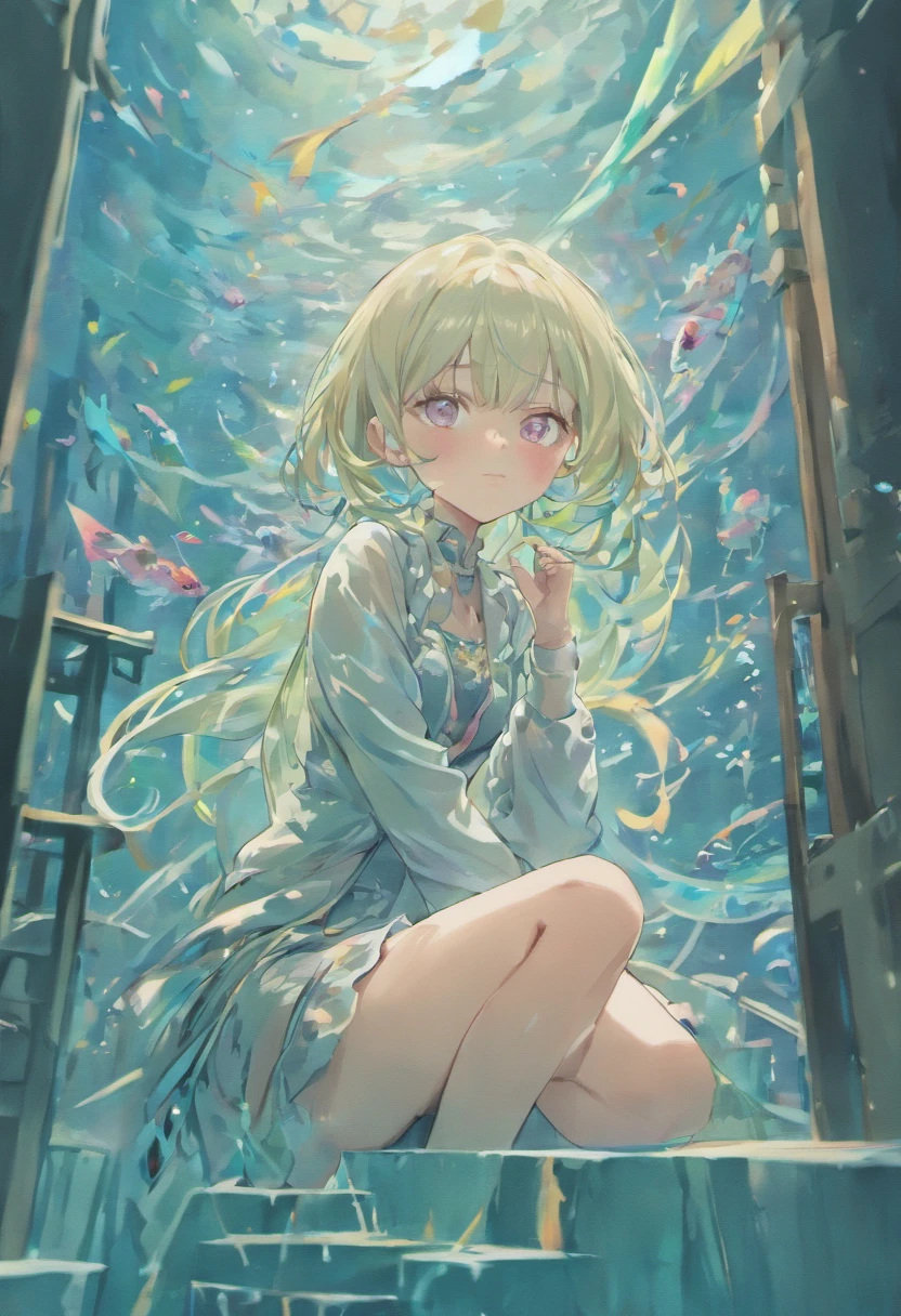 [(Transparent background:1.5)::5],(((Masterpiece))),(((Best quality))),(((Extremely detailed))),illustration, 1girll,Solo,mysterious,vivd colour,Shiny, Underwater transparent sealed hemispherical glass dome, (White hair),(Purple eyes), full bodyesbian,Barefoot,Long hair tranquility nature, Koi,Underwater, Dome,Close up,Dynamic actions,Lens perspective,(((Box composition))),sitting cross-legged，Leaning against the bookshelf, voluminetric lighting, multi colored eyes, Detailed eyes, ultra - detailed,Light smile, Highly detailed, Beautiful, small detailed, Ultra detailed, Best quality, Intricate, 4K, 8K, trending on artstationh, Good anatomy, Beautiful lighting, Award-winning,