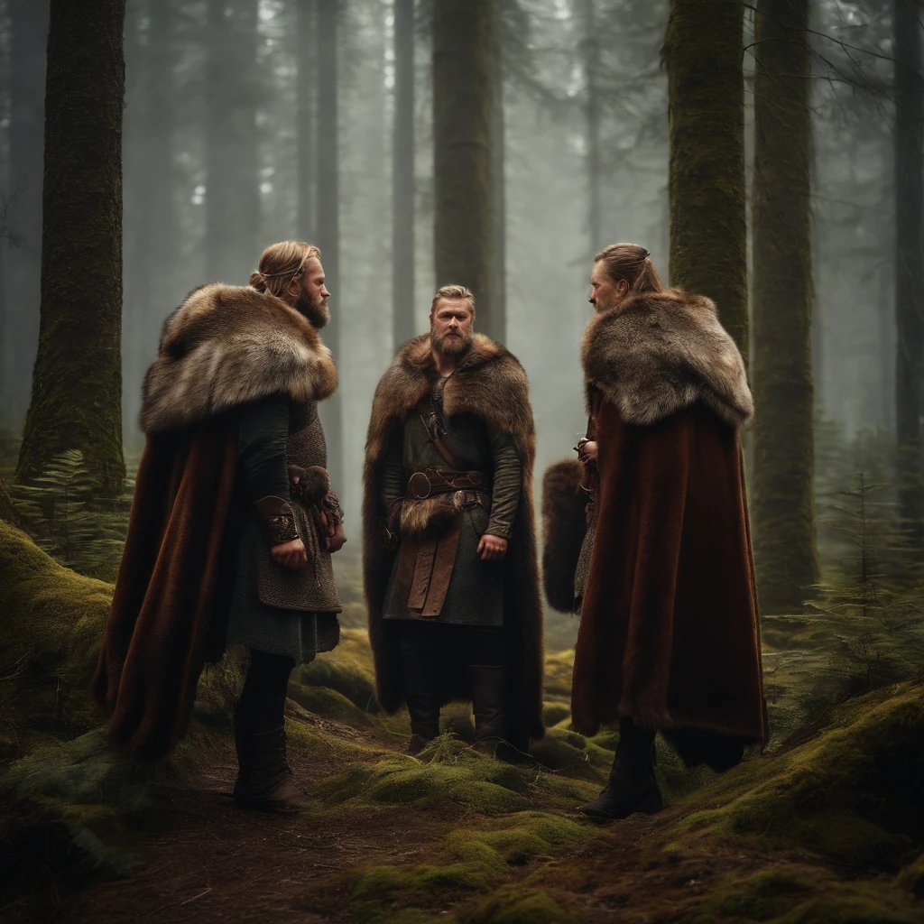 vikings wearing bear skins in a forest. Mysterious and mystical atmosphere.