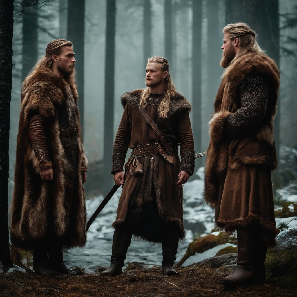 vikings wearing bear skins in a forest. Mysterious and mystical atmosphere.