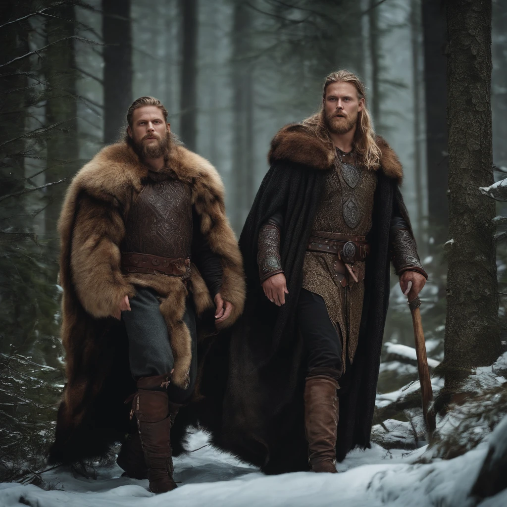 vikings wearing bear skins in a forest. Mysterious and mystical atmosphere.