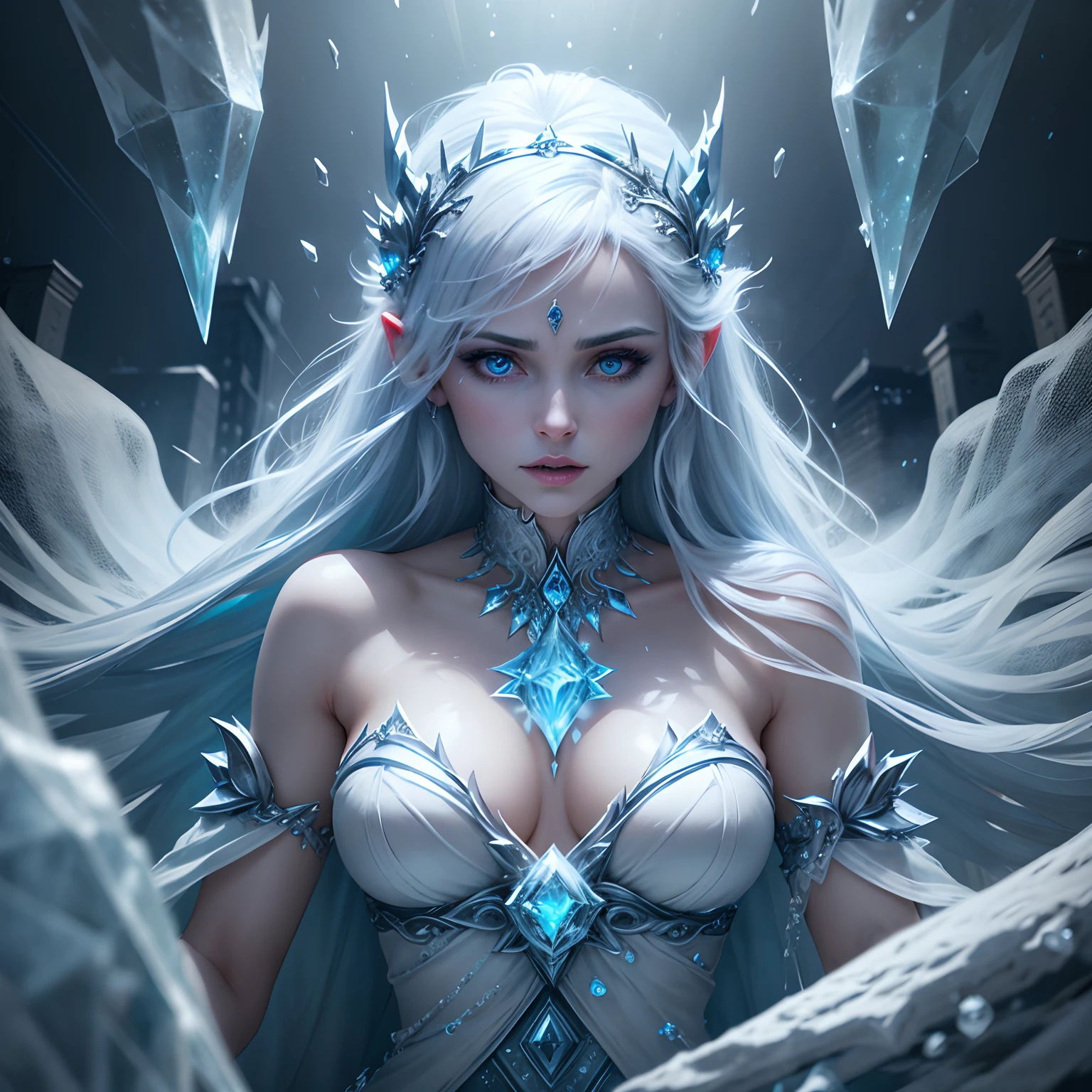 a beautiful ice goddess, ice witch, pure ice elemental spirit, intricate design and details, chilling, cold, blizzard storm, whole body on chilling mist, conjuring ice spell, casting ice spell, realistic ice effect, ice particles, dark fantasy art style, ruined city, dramatic lighting, cinematic, On the mouth there is a trail of blood