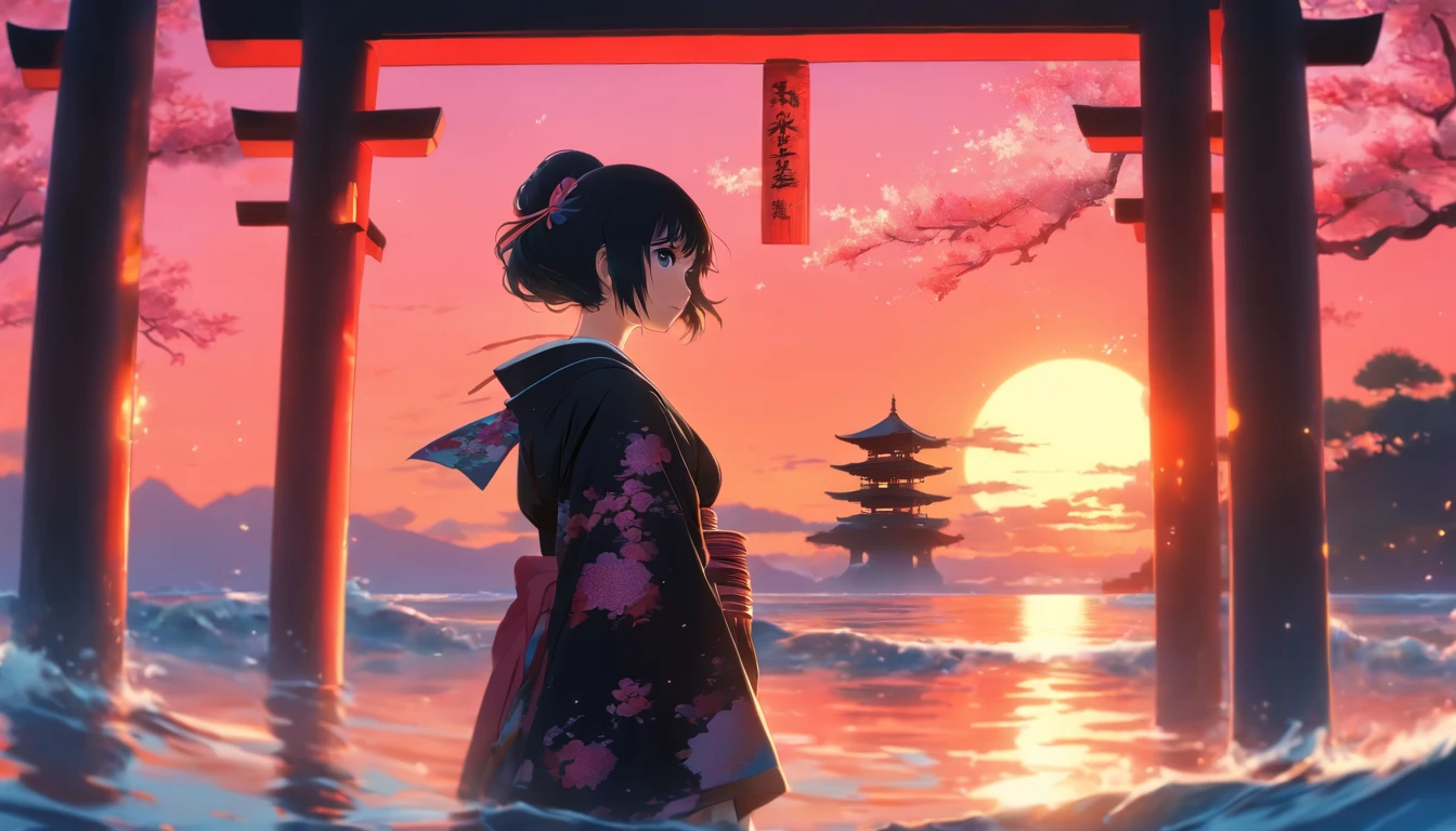 a girl, short black hair, black eyes, wearing black kimono, ocean reflection, torii gate, magical, sunset, pink and blue skies, high resolution, ultrasharp, 8K, masterpiece, photorealistic, scenic, cinematic lighting, closeup photography, niji, looking at viewer, psychedelic