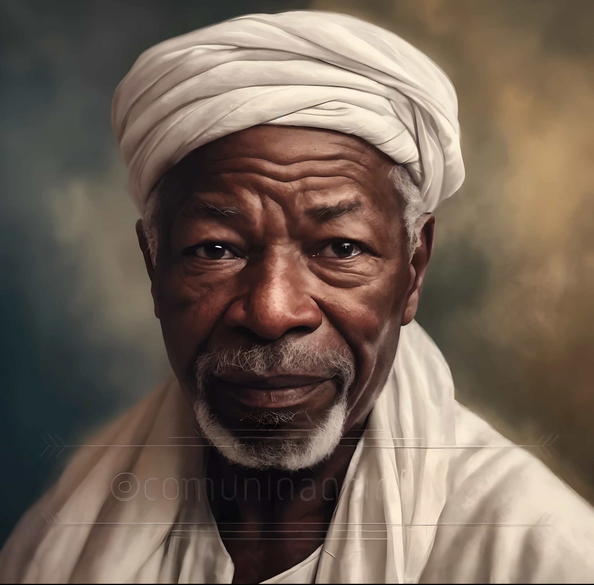 Hyperrealistic cinematic scene of a man with a white turban and a white shirt, retrato do homem velho, com colares de contas, portrait of bedouin d&d, Homem africano, Wise old man, um velho, beautiful portrait, retrato tradicional, Retrato de Morgan Freeman, Retrato de um homem velho, retrato impressionante, retrato de alta qualidade, retrato detalhado, # 1 pintura digital de todos os tempos, 16k, highes definition, rosto detalhado, rosto detalhado, olhos detalhados, terno detalhado, estilo DC, hiper-realista, + Cinematographic shot + dynamic compositing, incrivelmente detalhado, nitidez, detalhes + detalhes soberbos + noite com luz + perfeccionismo + realismo premiado ((soft-lighting))