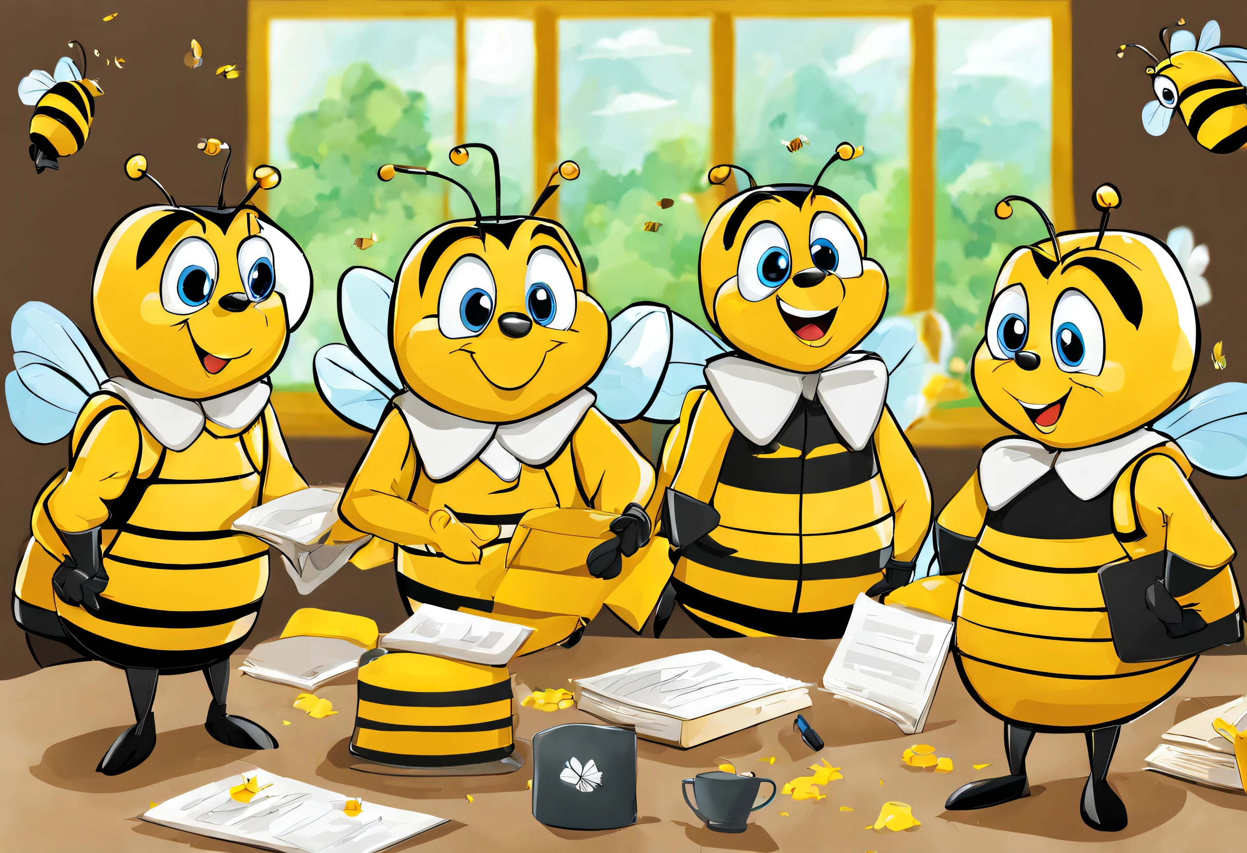 Bees in school uniforms studying at the bee school, Bee Teacher Explains Financial Literacy Topic, Cartoonishness, Masterpiece quality, Grain