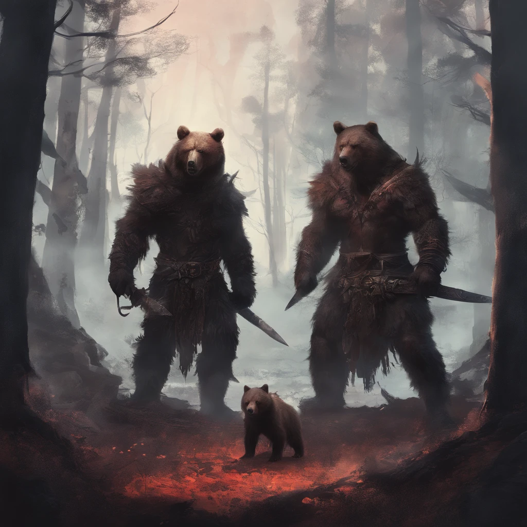 berserkers wearing bear skins in a forest. Mysterious and mystical atmosphere.